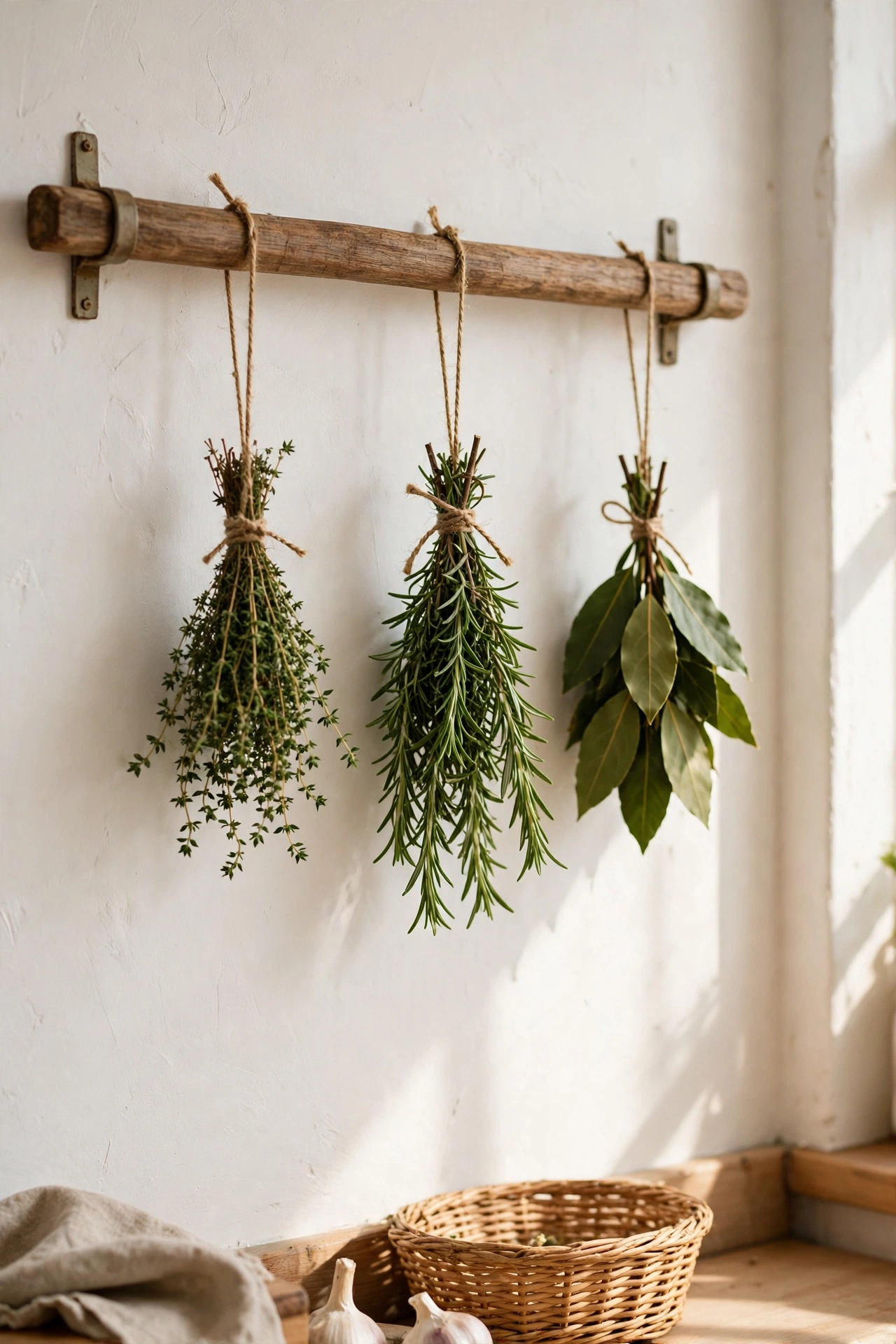 Bunches of drying herbs hanging from kitchen rail