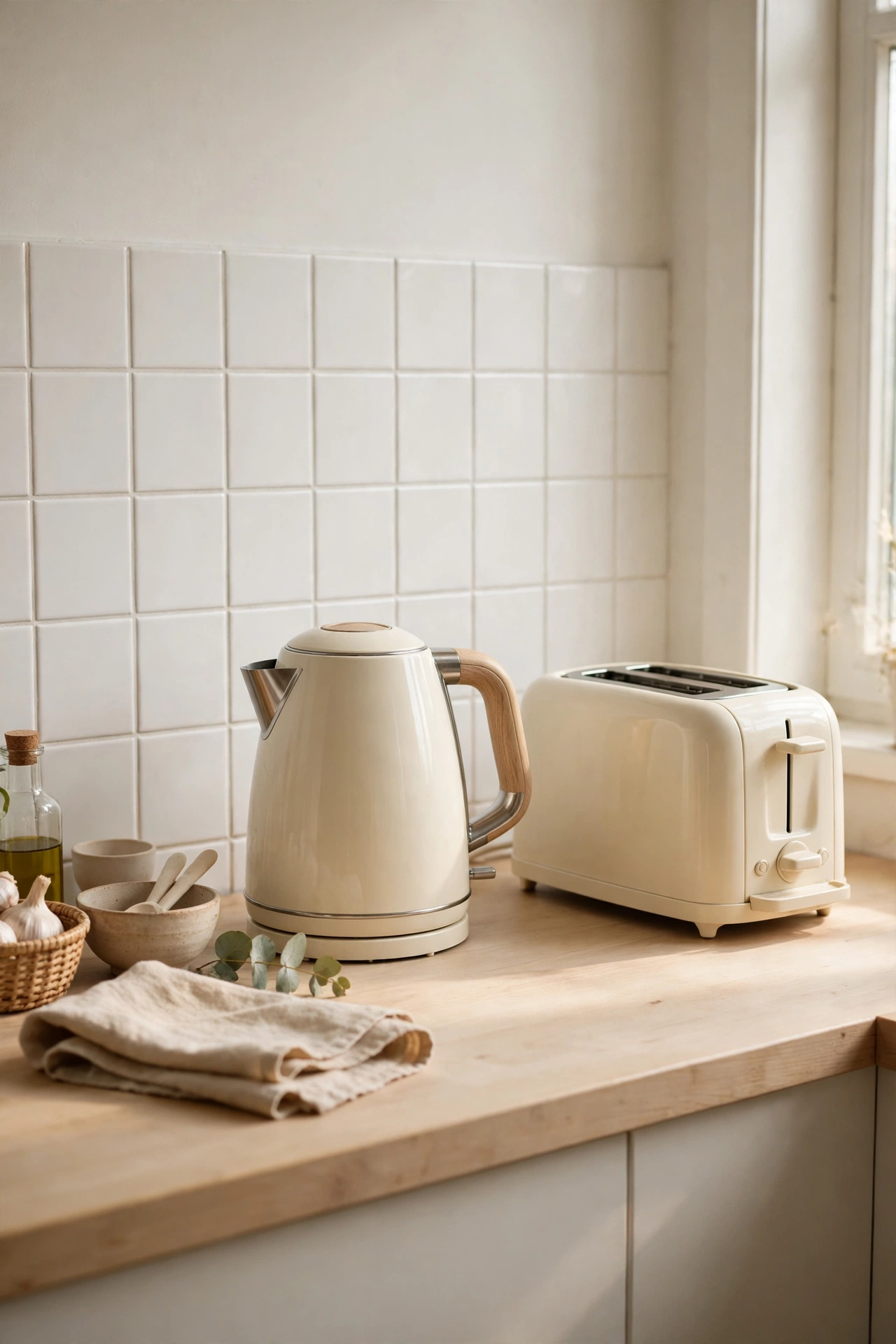 Matching cream kettle and toaster on kitchen counter