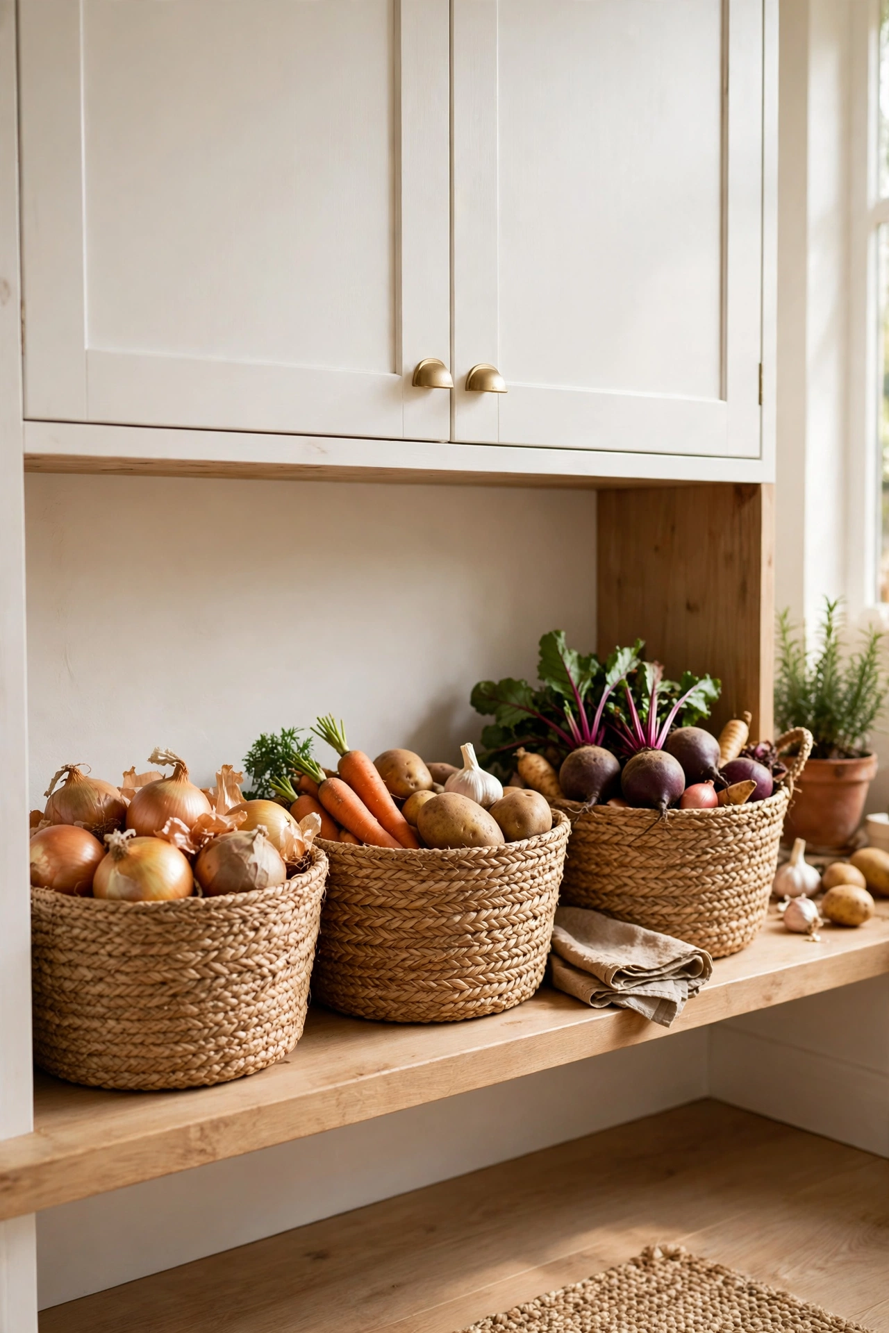 Seagrass baskets storing vegetables on low kitchen shelves