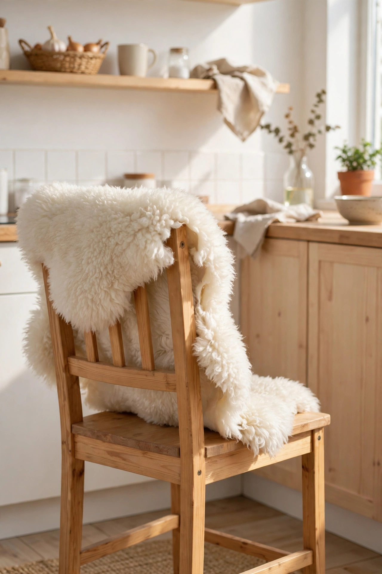 Sheepskin throw draped over wooden kitchen chair