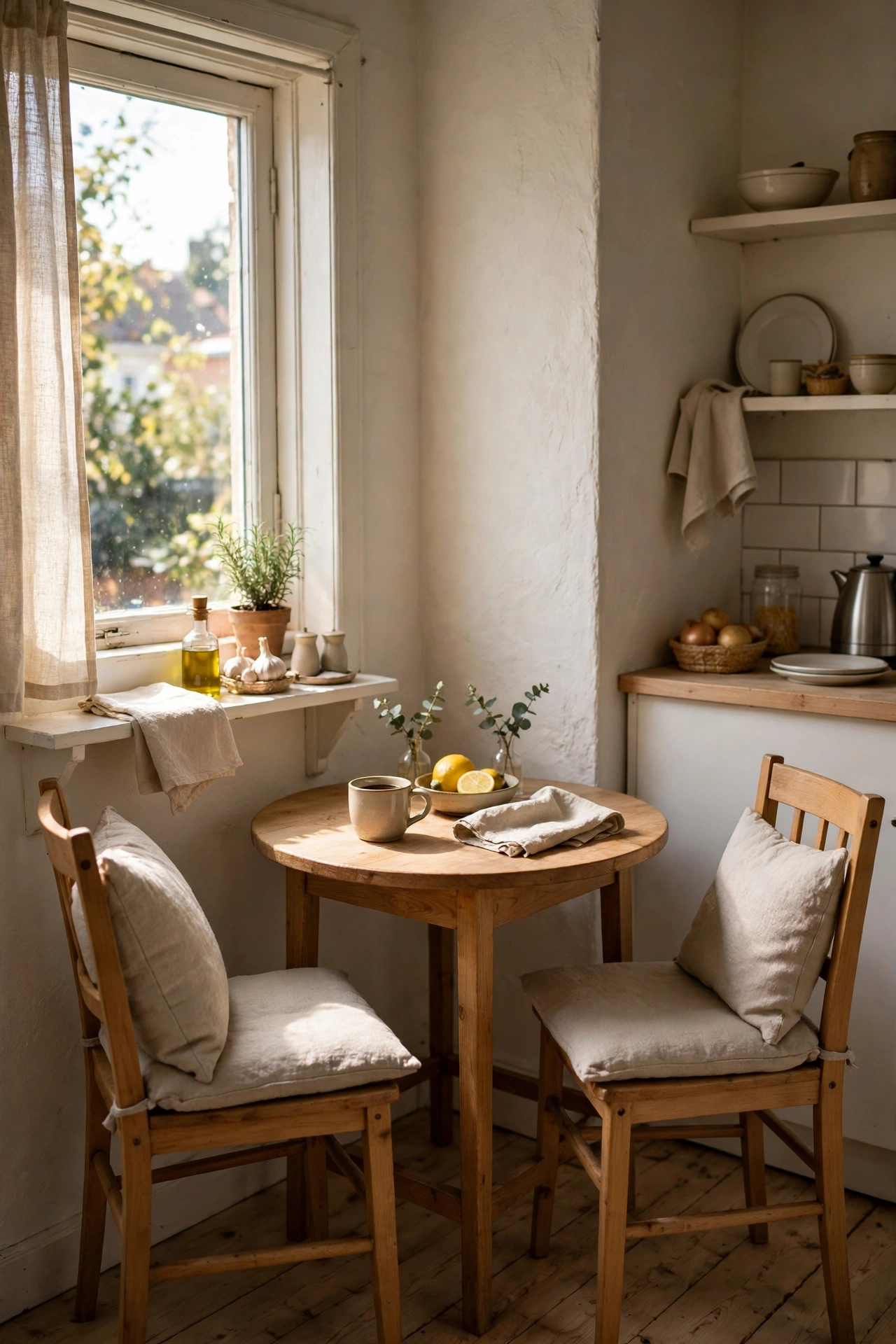 Small round bistro table breakfast nook in kitchen corner