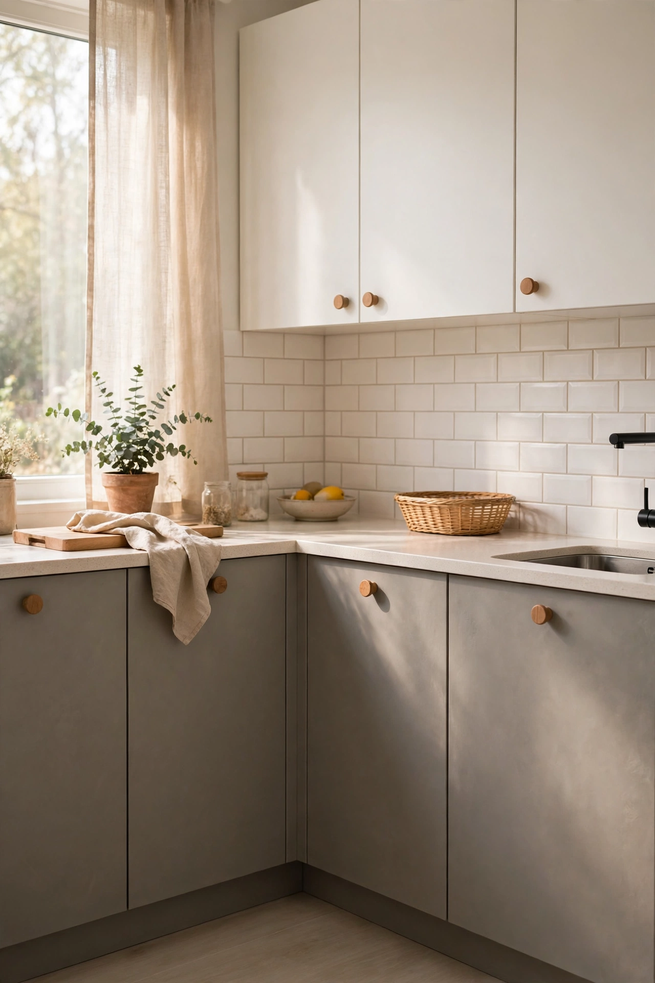 Soft grey lower cabinets with white uppers in kitchen
