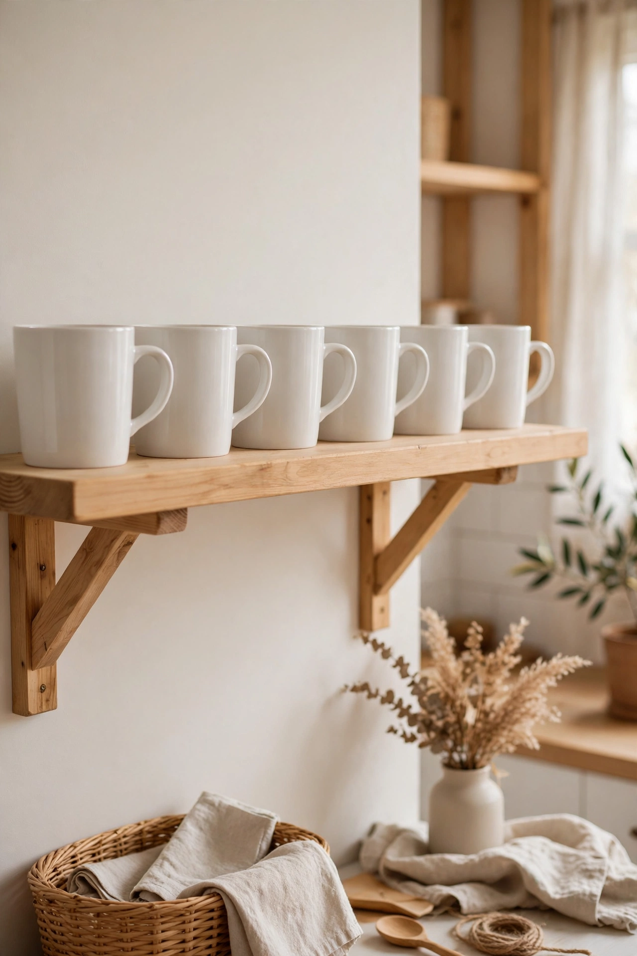 Row of matching white mugs on open kitchen shelf