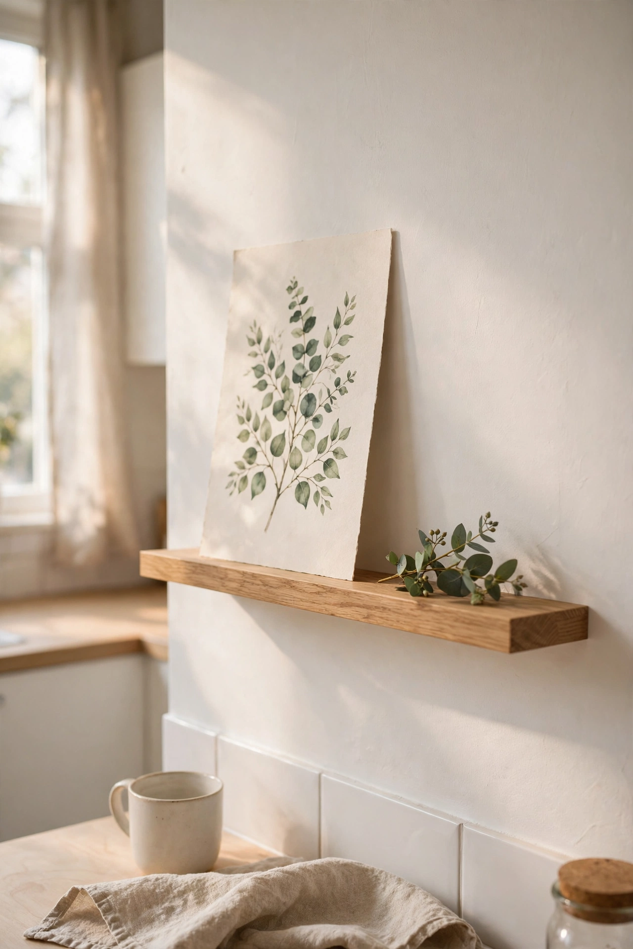 Oak picture ledge with botanical print in kitchen