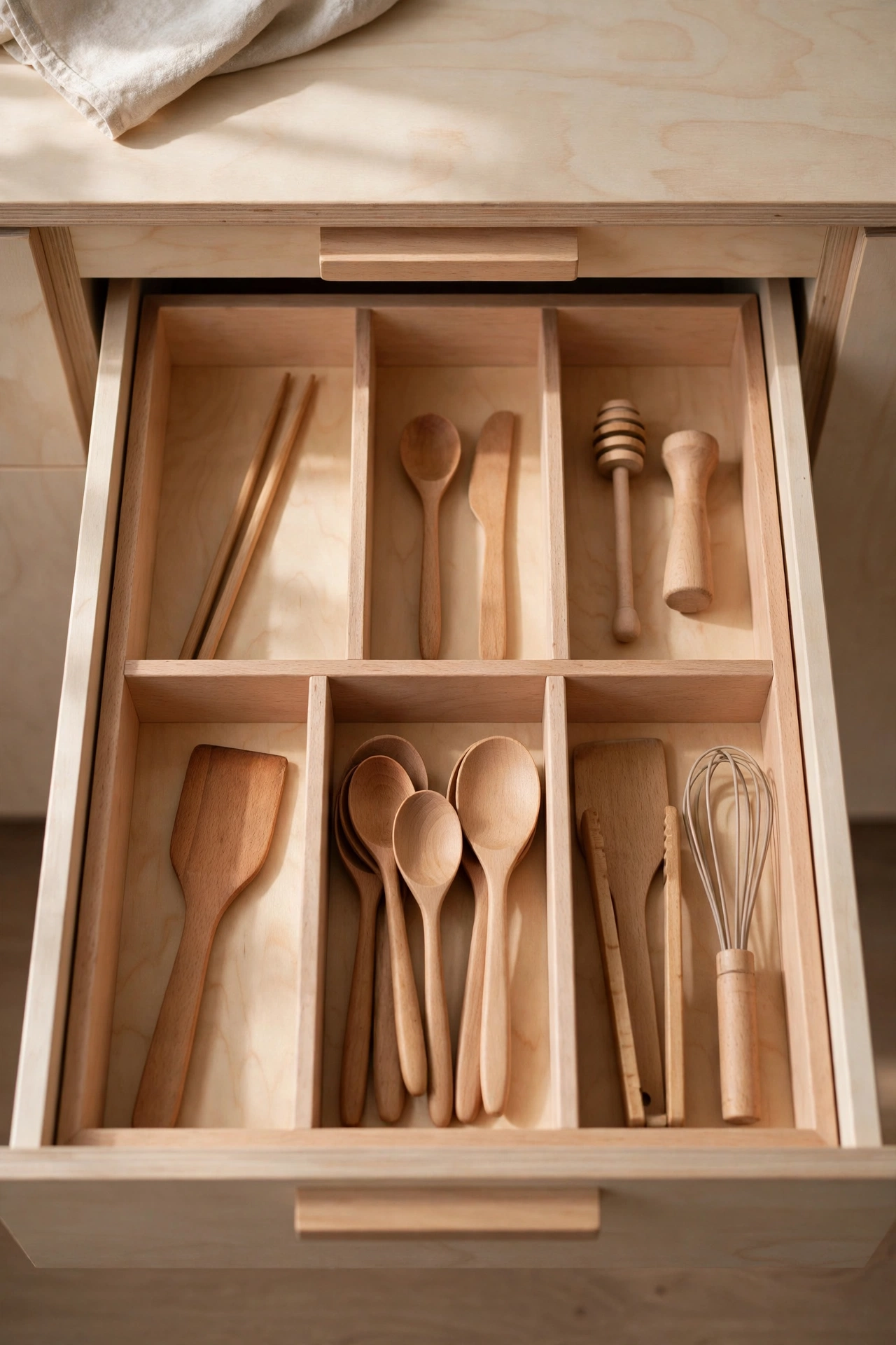 Kitchen drawer neatly organised with beech wood dividers
