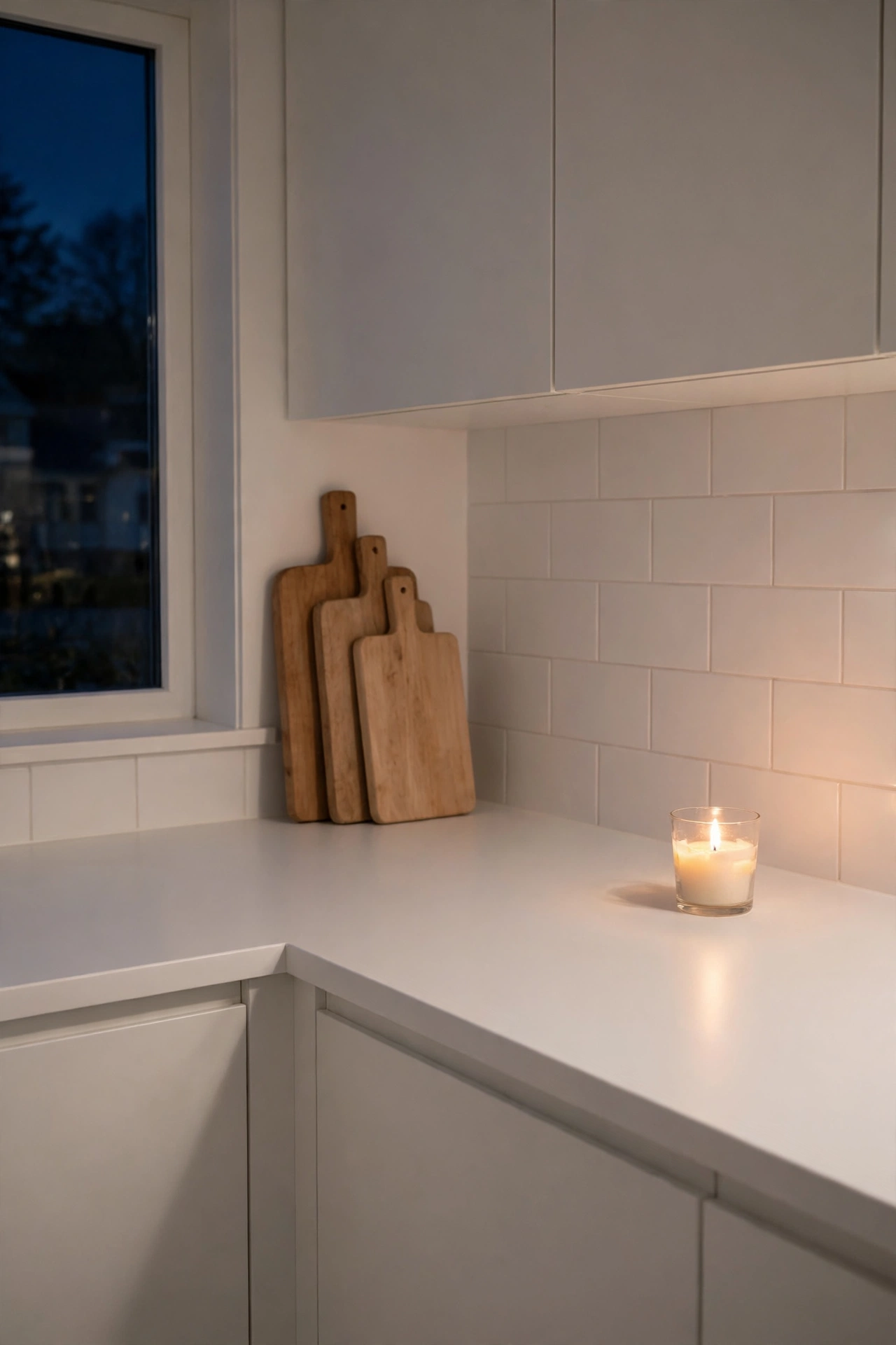 Pristine clear Scandinavian kitchen counters at night