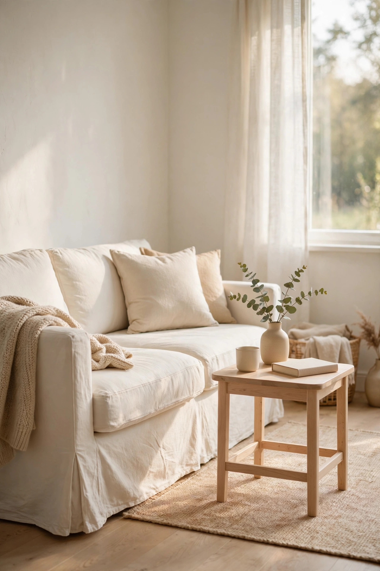 White slipcover on sofa for Scandinavian look, budget Scandinavian living room ideas