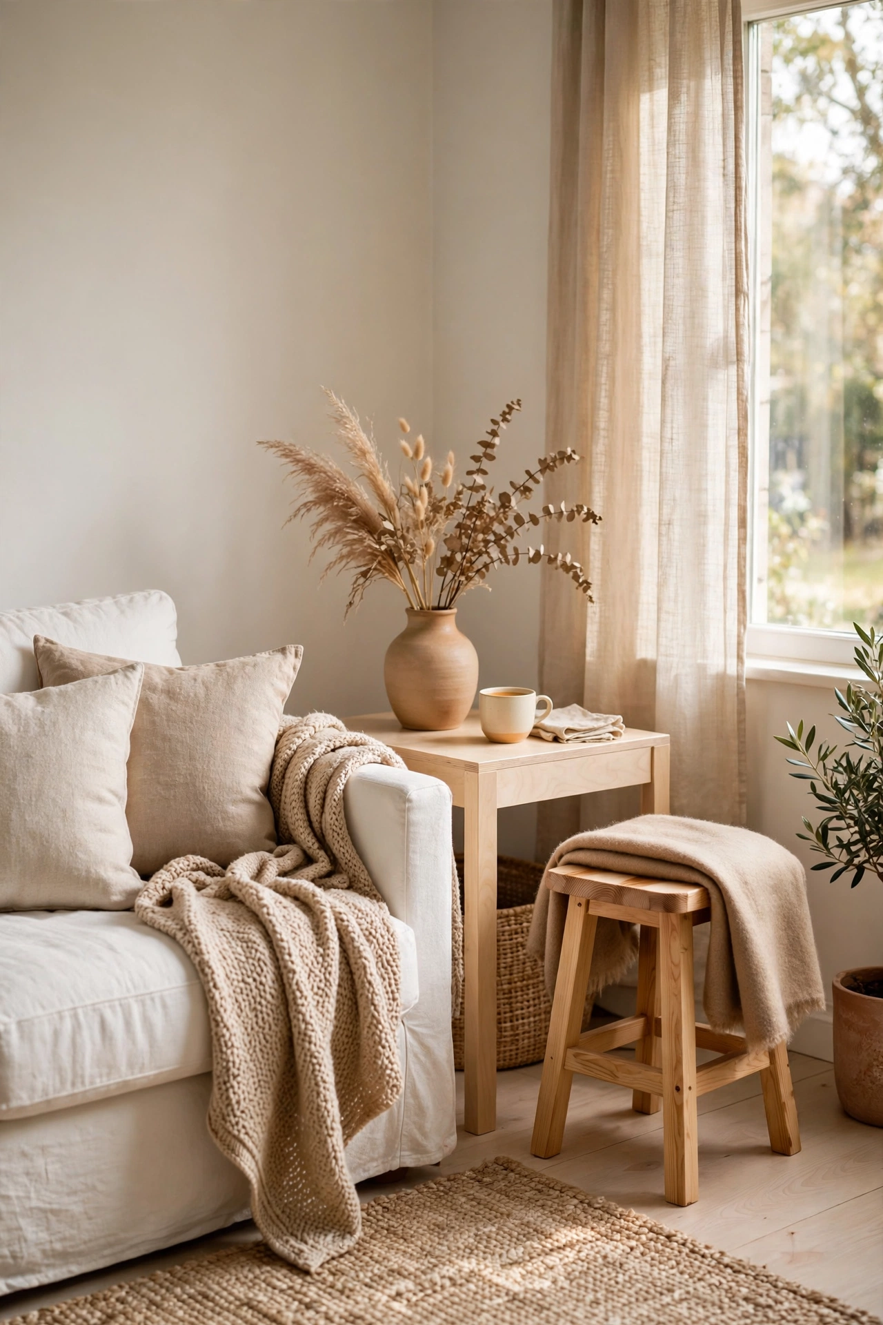 Light birch wood side table in Scandinavian living room, affordable Nordic decor
