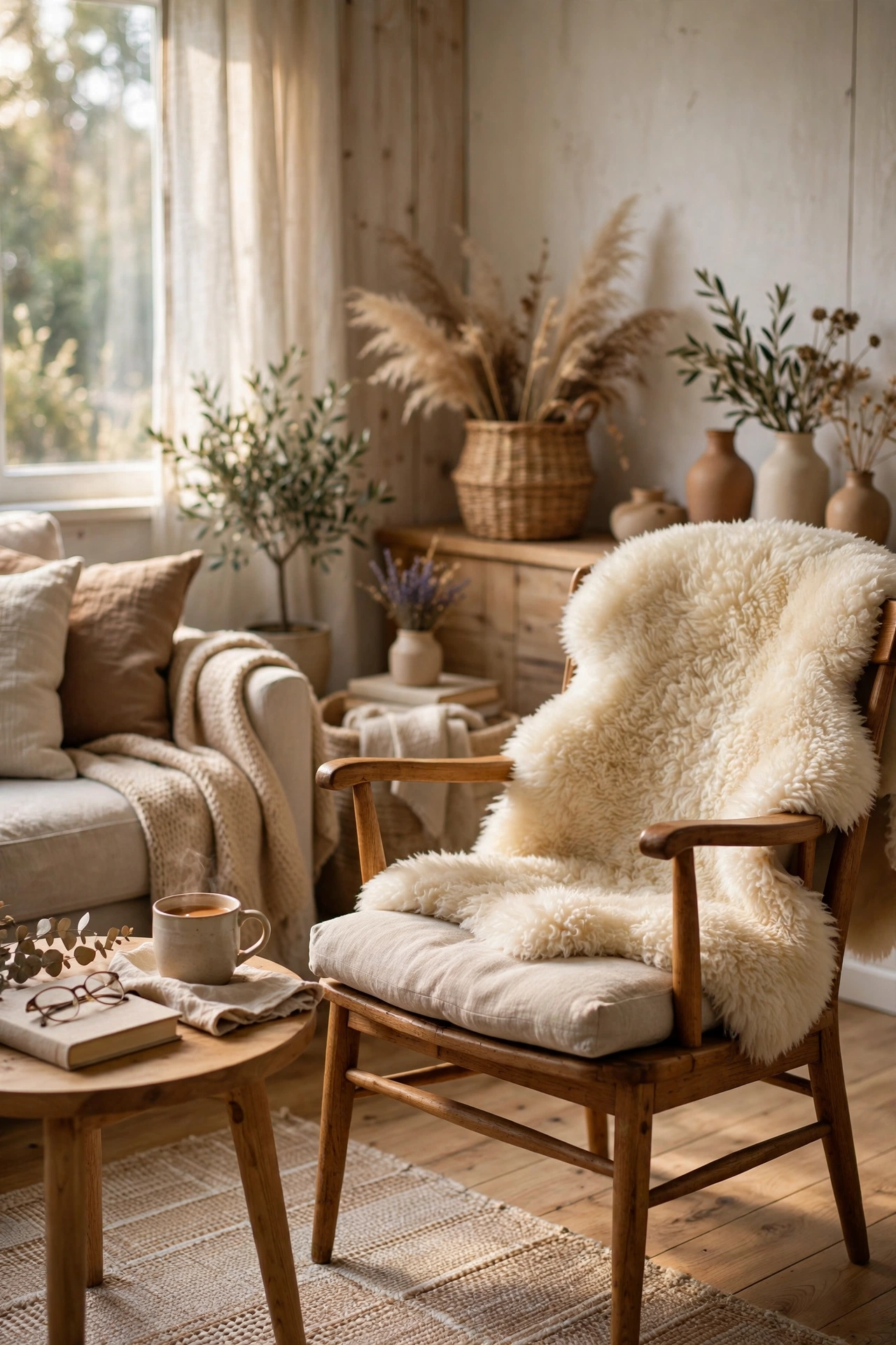 Faux sheepskin draped over armchair in Scandinavian living room, budget hygge decor