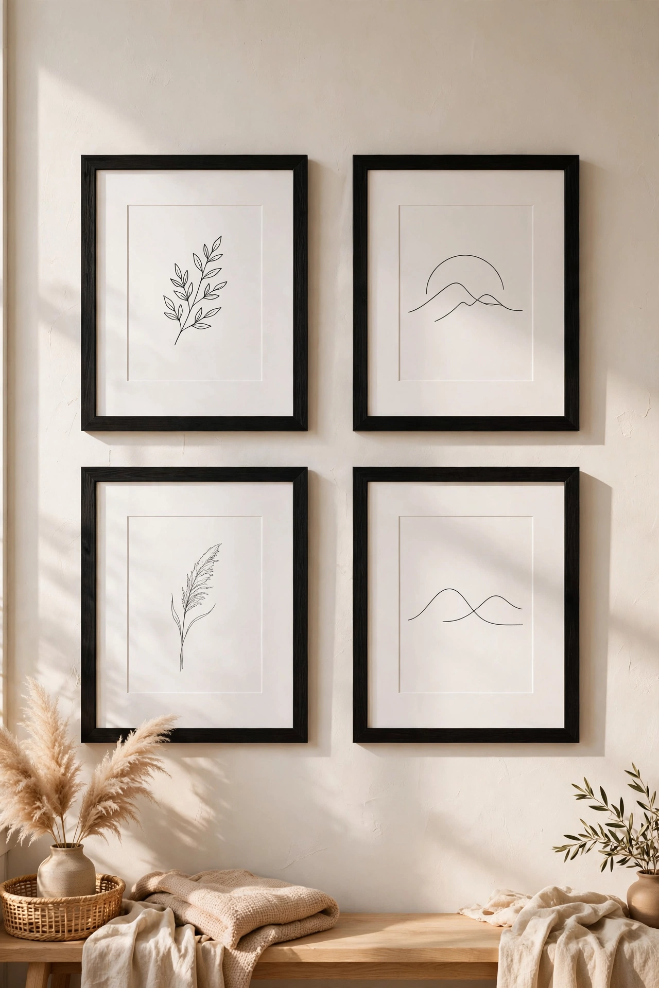 Black frame gallery wall with white mats and line art, Scandinavian living room on a budget