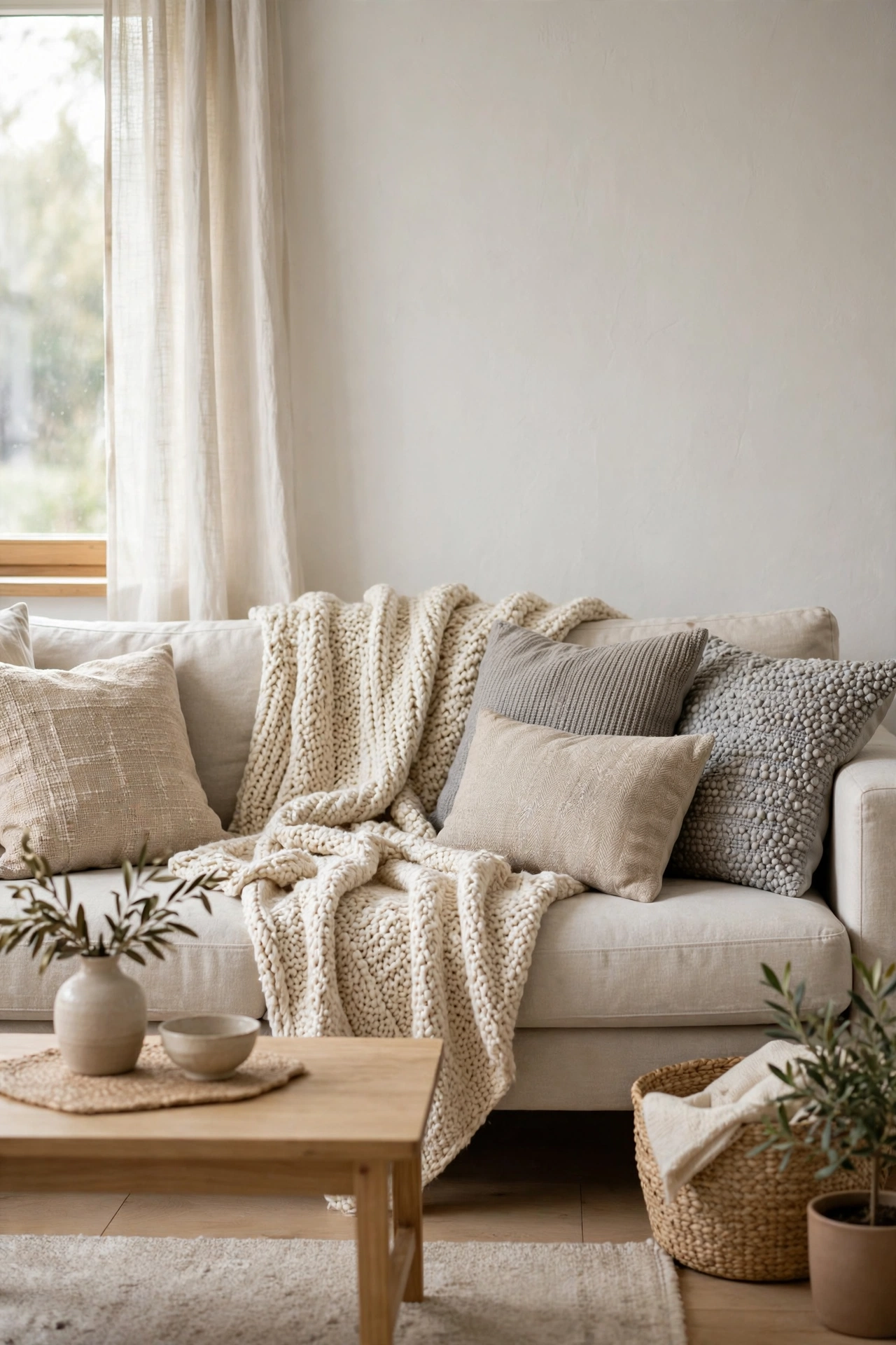 Layered cream beige and gray textiles on sofa, budget Scandinavian living room