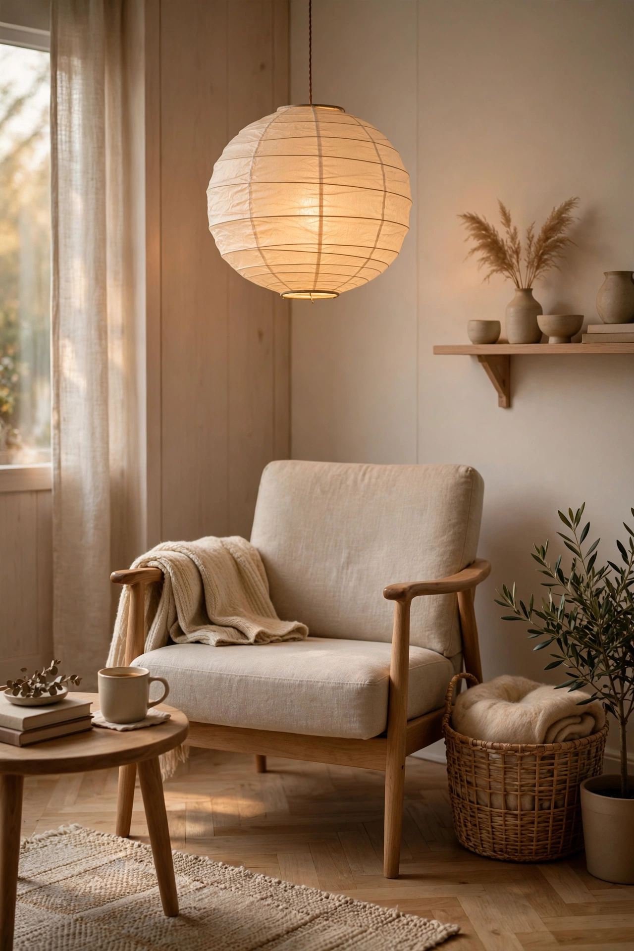 White paper lantern pendant light in Scandinavian living room corner, affordable lighting