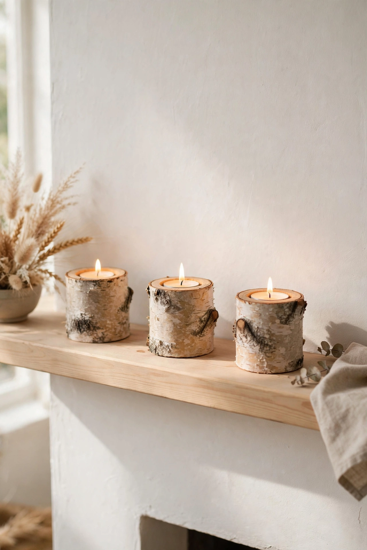 Birch log tea light holders on mantel, DIY Scandinavian living room decor