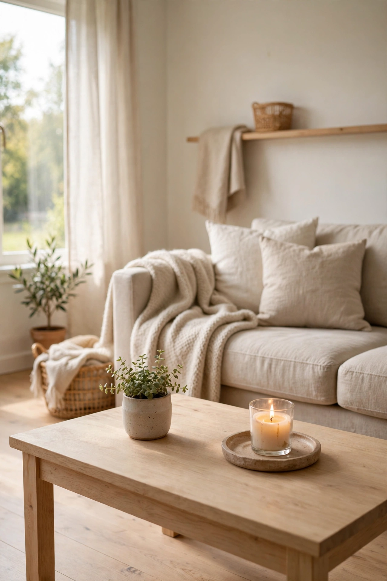 Cleared calm coffee table with tray candle and plant, Scandinavian living room styling