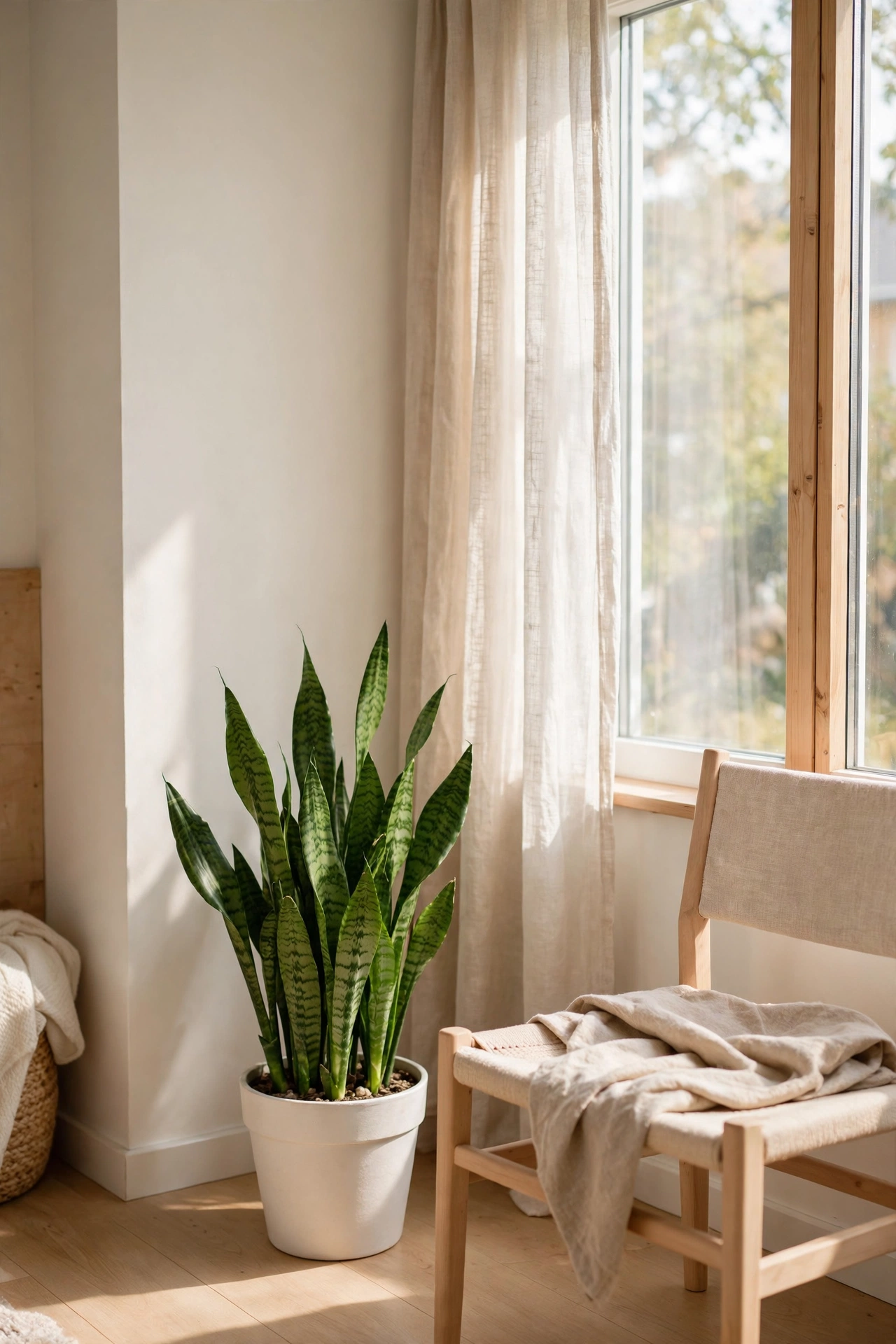 Healthy snake plant in white pot in Scandinavian living room corner, budget decor