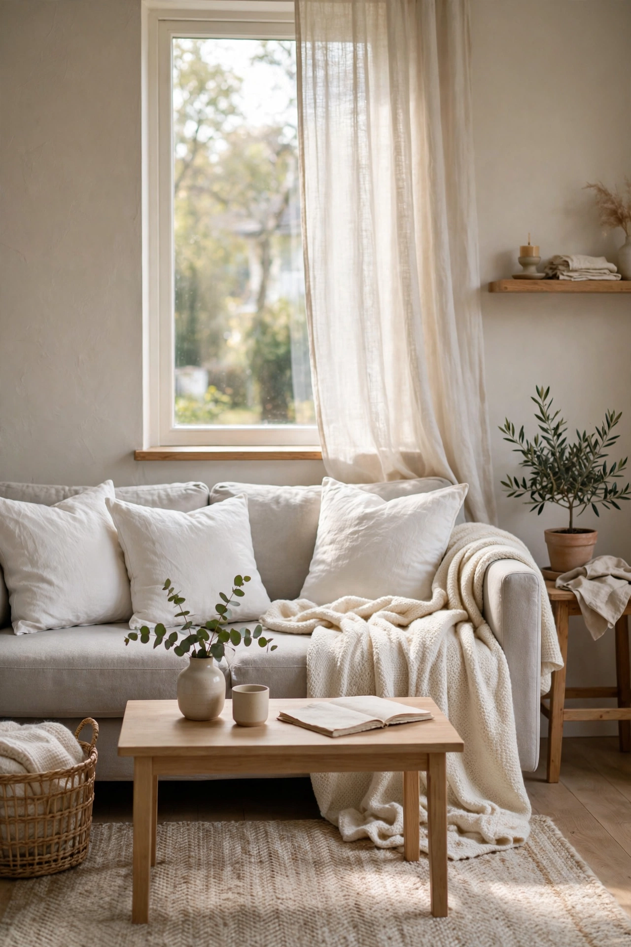 Gray sofa styled with white and cream pillows Scandinavian style, budget living room