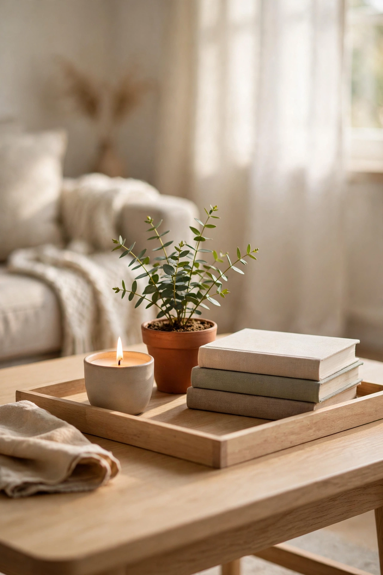 Light wooden tray with candle plant and books on coffee table, Scandinavian vignette