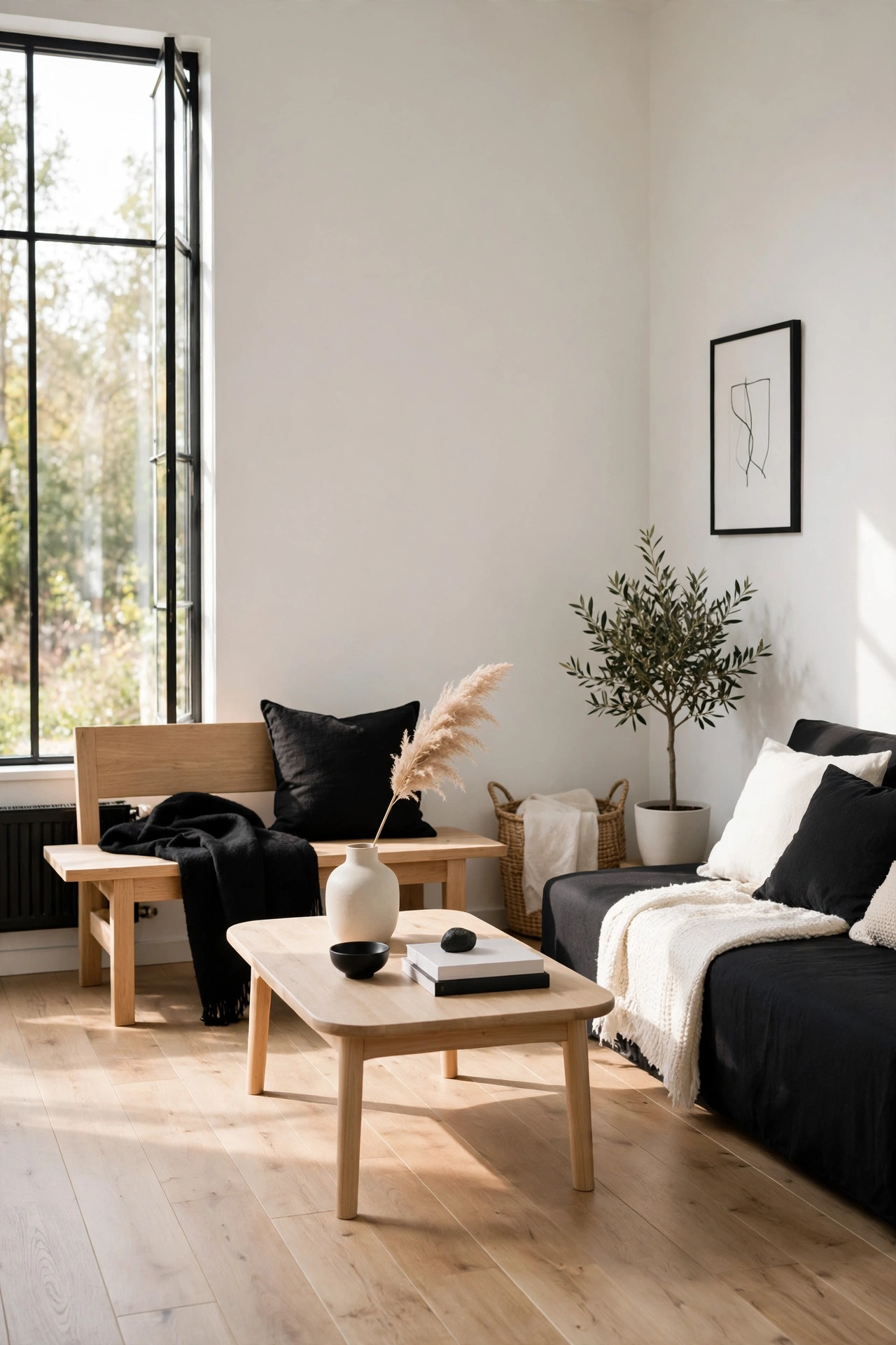 White black and light wood palette living room, budget Scandinavian decor