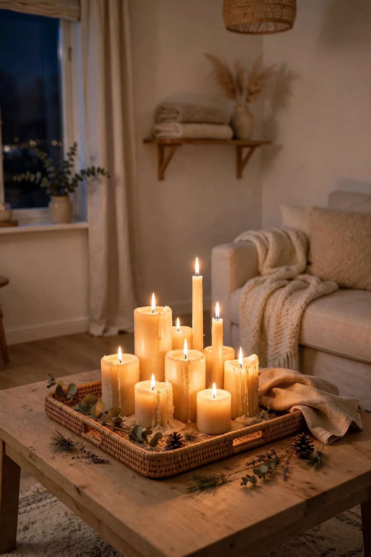 Cluster of LED candles glowing on coffee table for hygge, Scandinavian living room