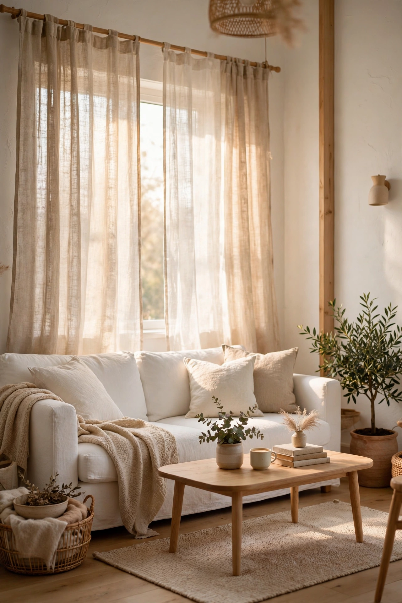 Sheer linen look curtains filtering daylight in Scandinavian living room, budget window treatment