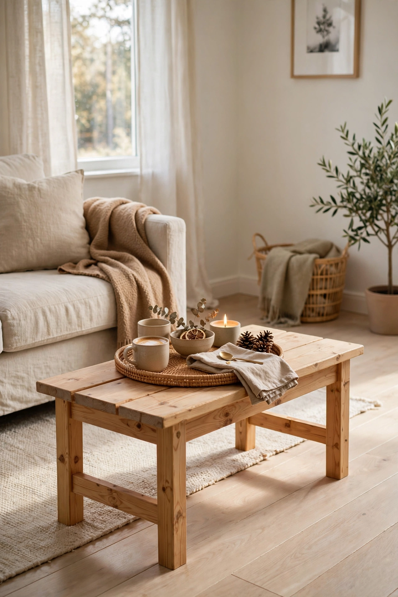 Simple pine bench as coffee table in Scandinavian living room, budget furniture idea