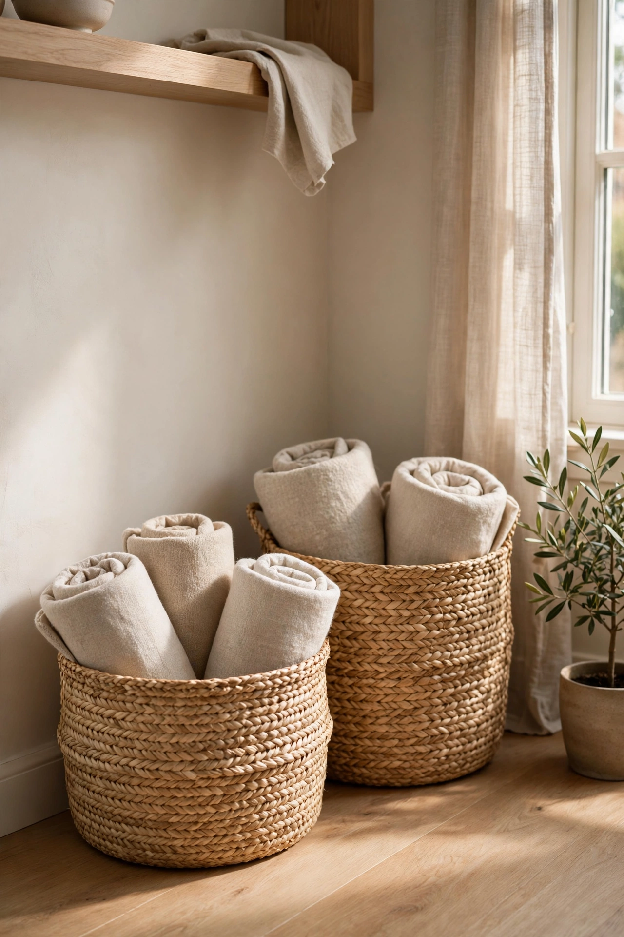 Woven seagrass baskets holding rolled throws in Scandinavian living room, affordable storage