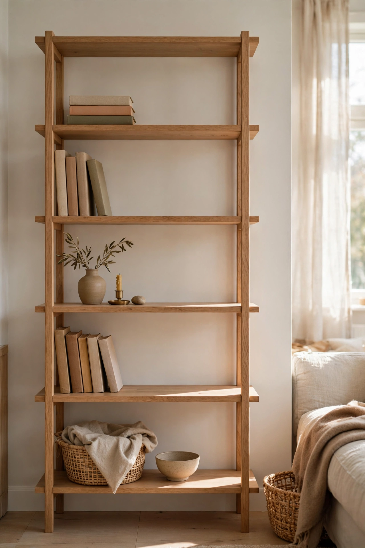 Curated bookshelf with breathing room in Scandinavian living room, budget styling