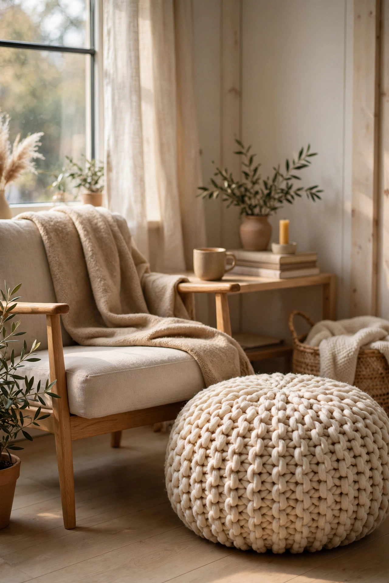 Chunky knit pouf in cream by reading chair, budget Scandinavian living room decor