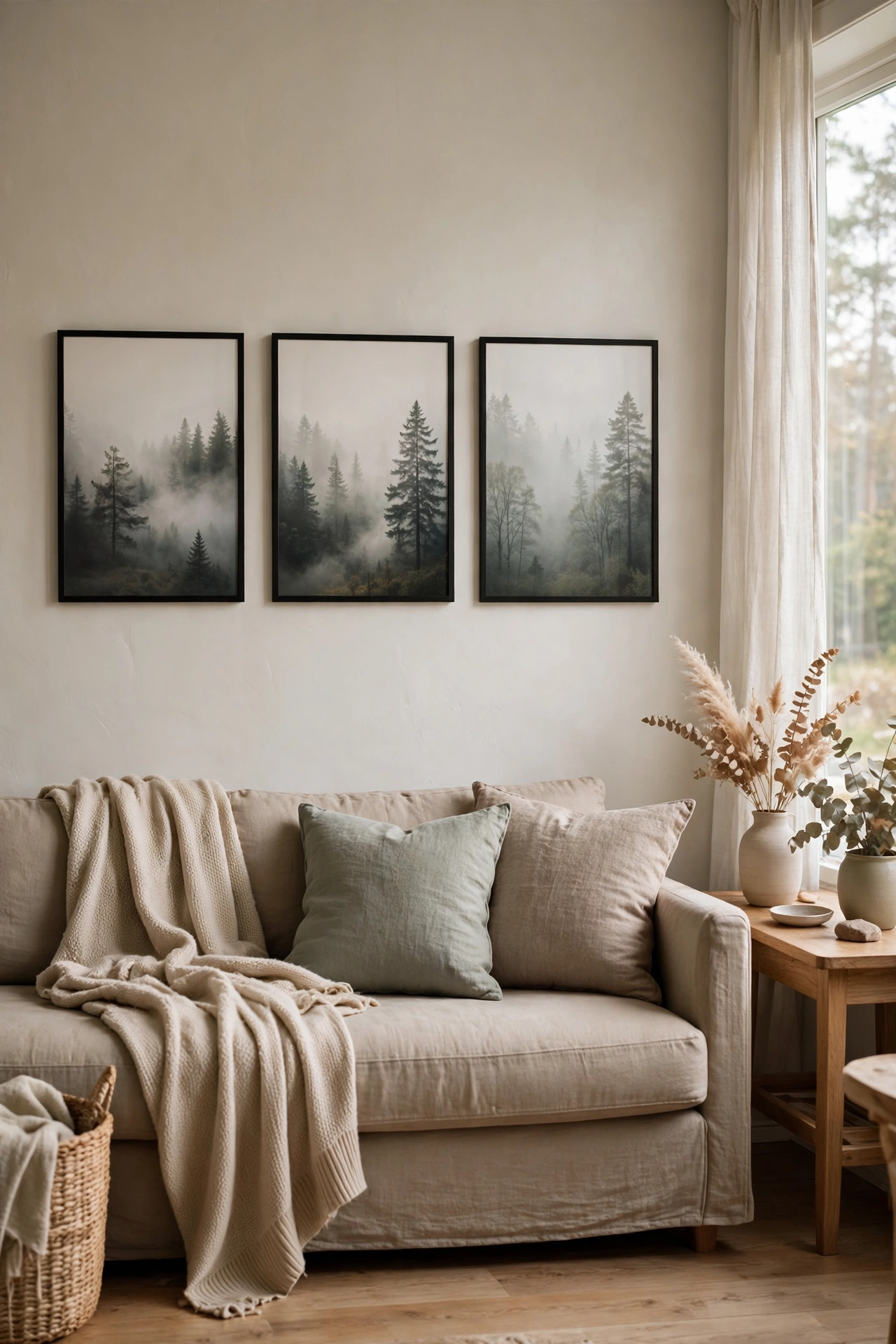 Misty forest prints in black frames, Scandinavian wall art on a budget