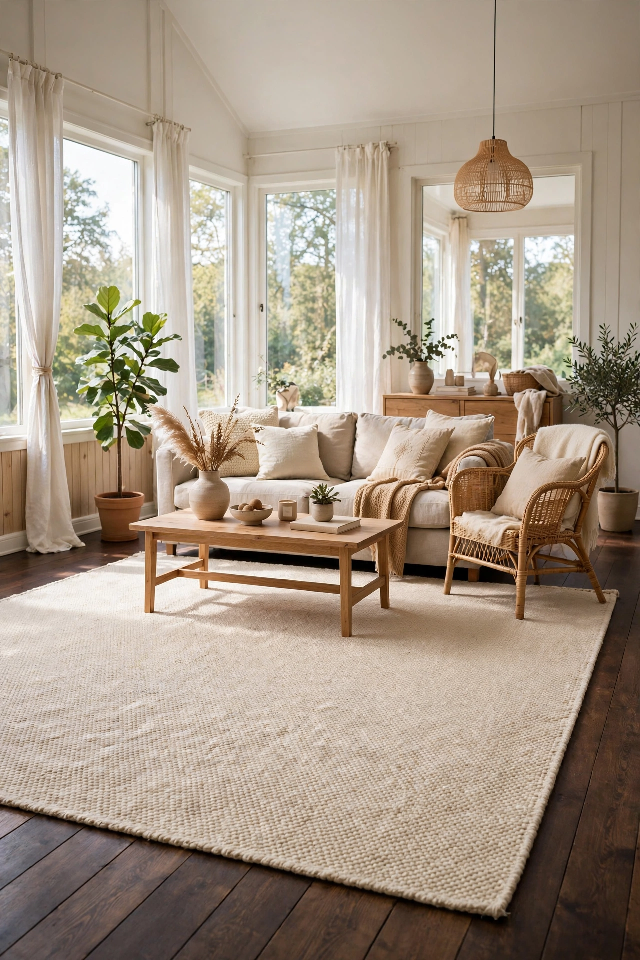 Large cream rug over dark wood floors in Scandinavian living room, budget brightening trick