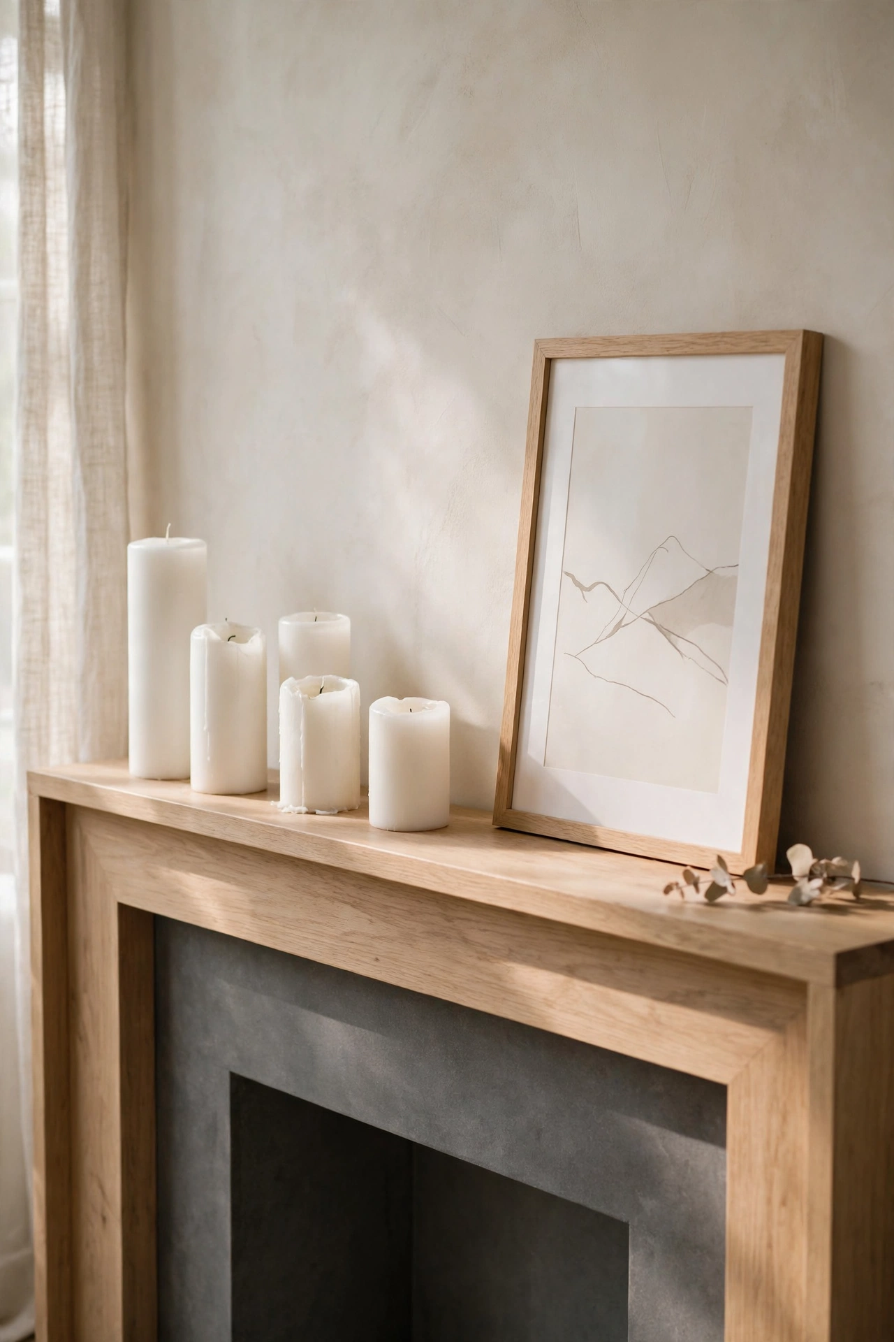 Minimal Scandinavian mantel with white candles and one framed print, budget styling