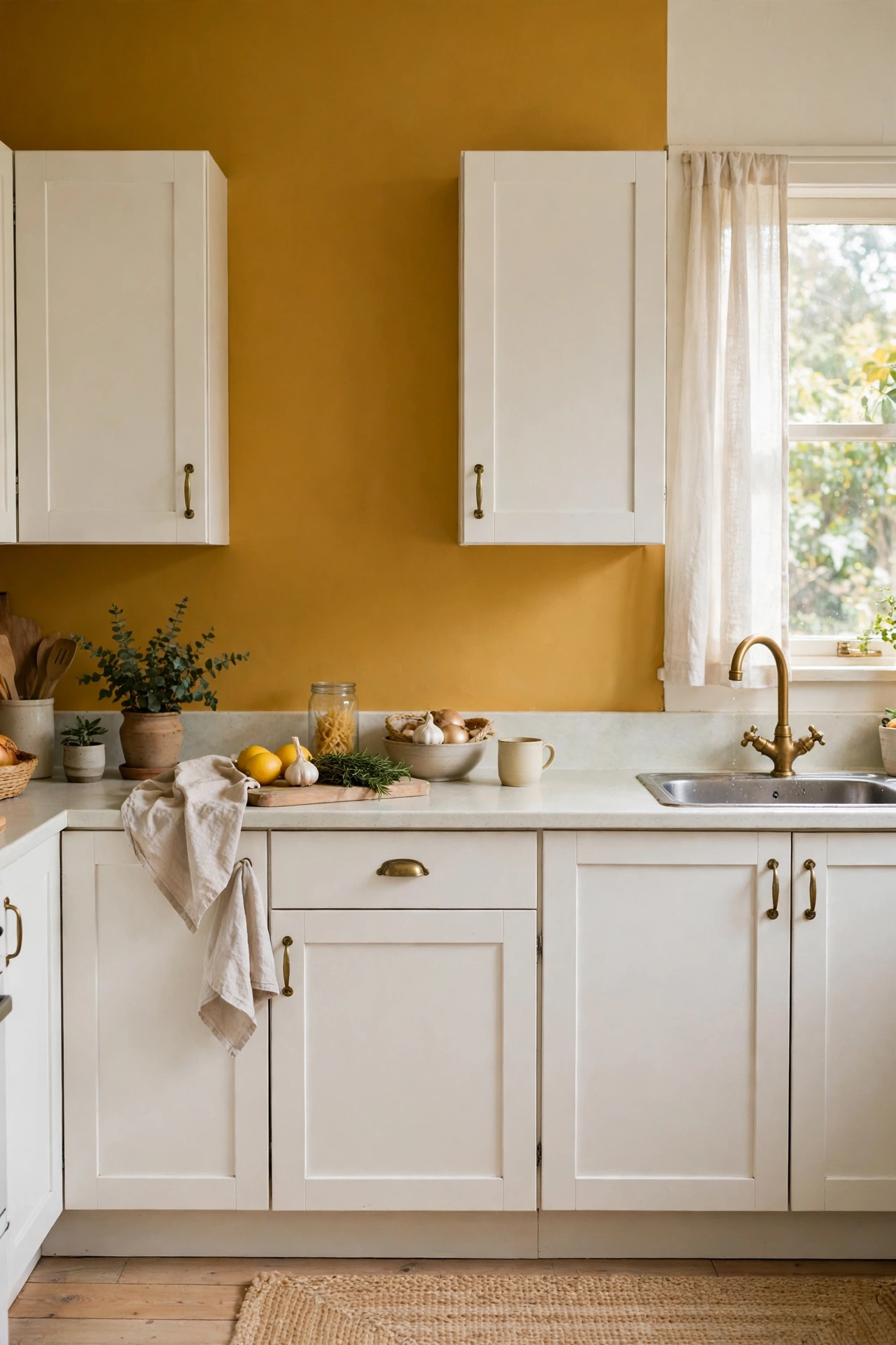 Mustard yellow accent wall behind white kitchen cabinets
