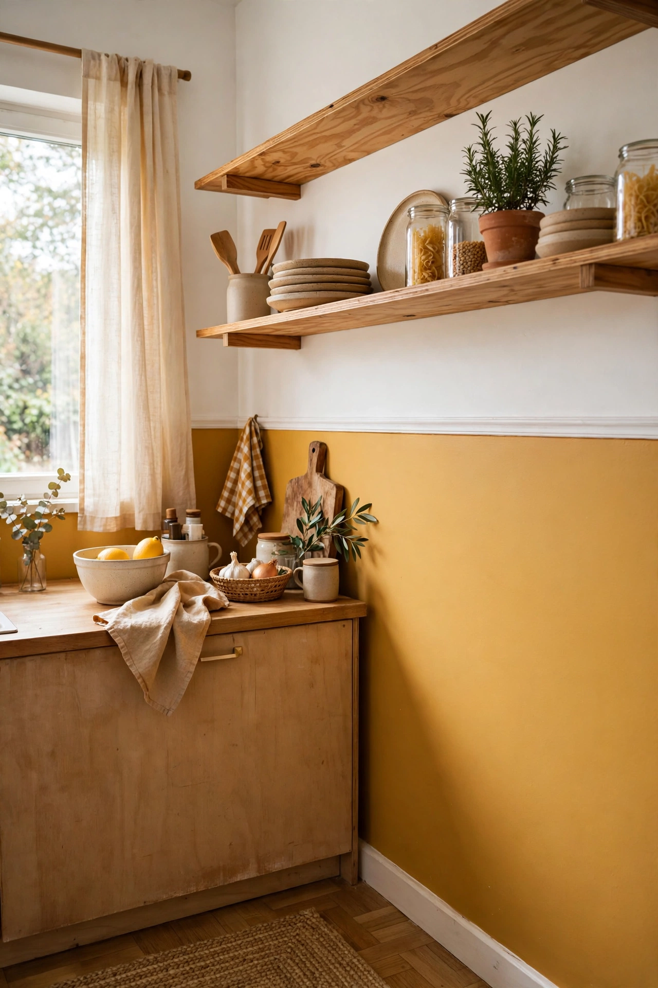 Mustard half wall with crisp white above in kitchen