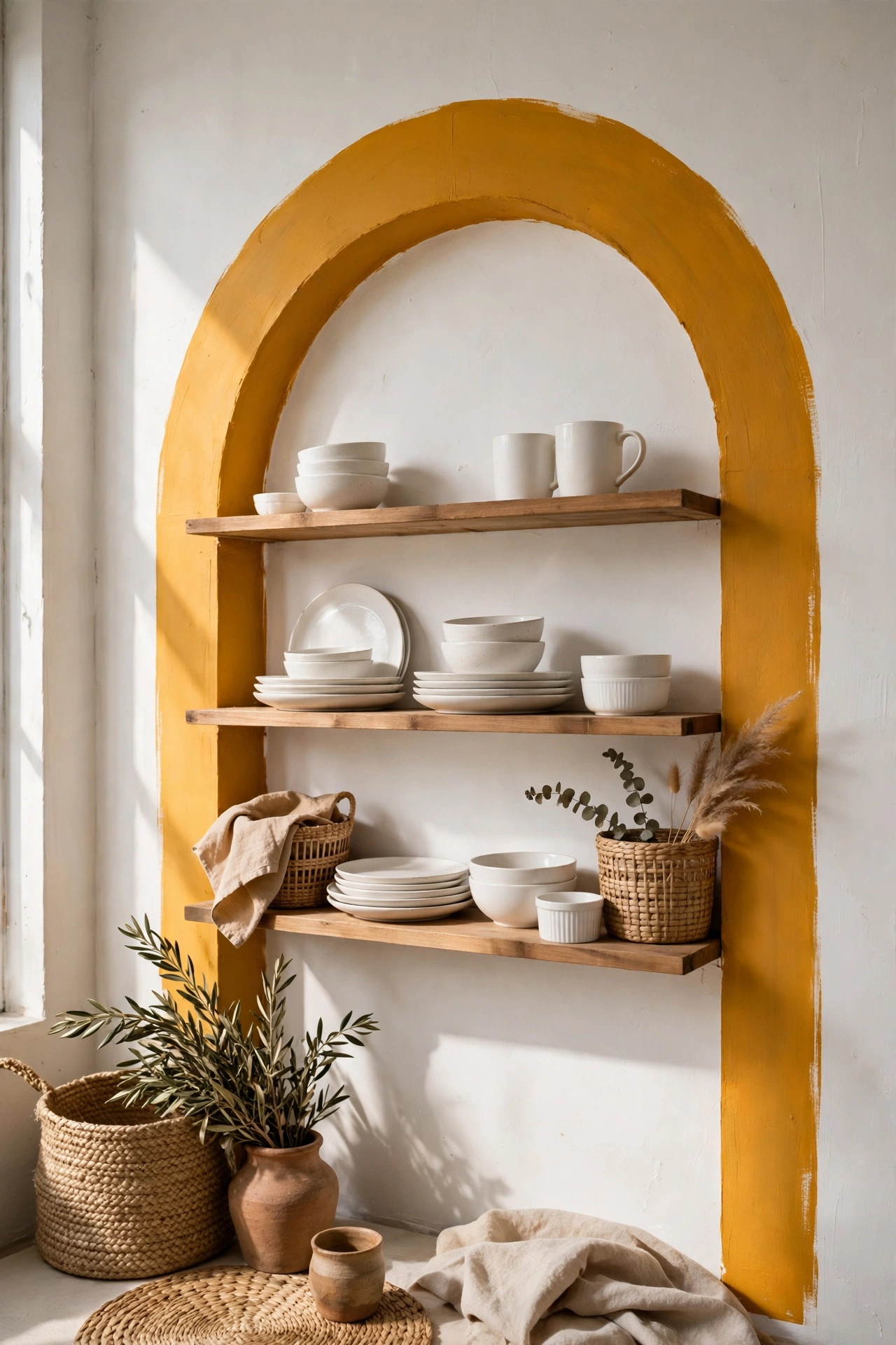 Painted mustard arch framing open kitchen shelves