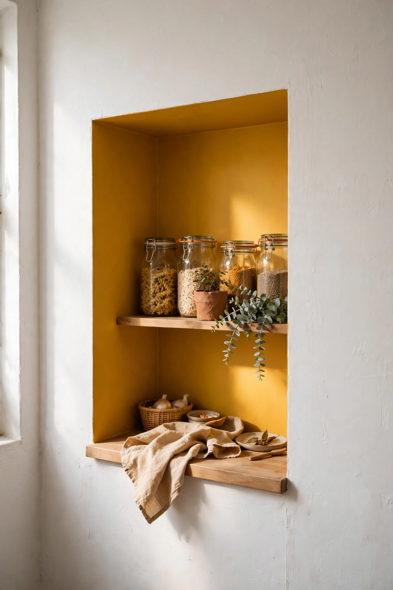 Small kitchen alcove painted warm mustard yellow