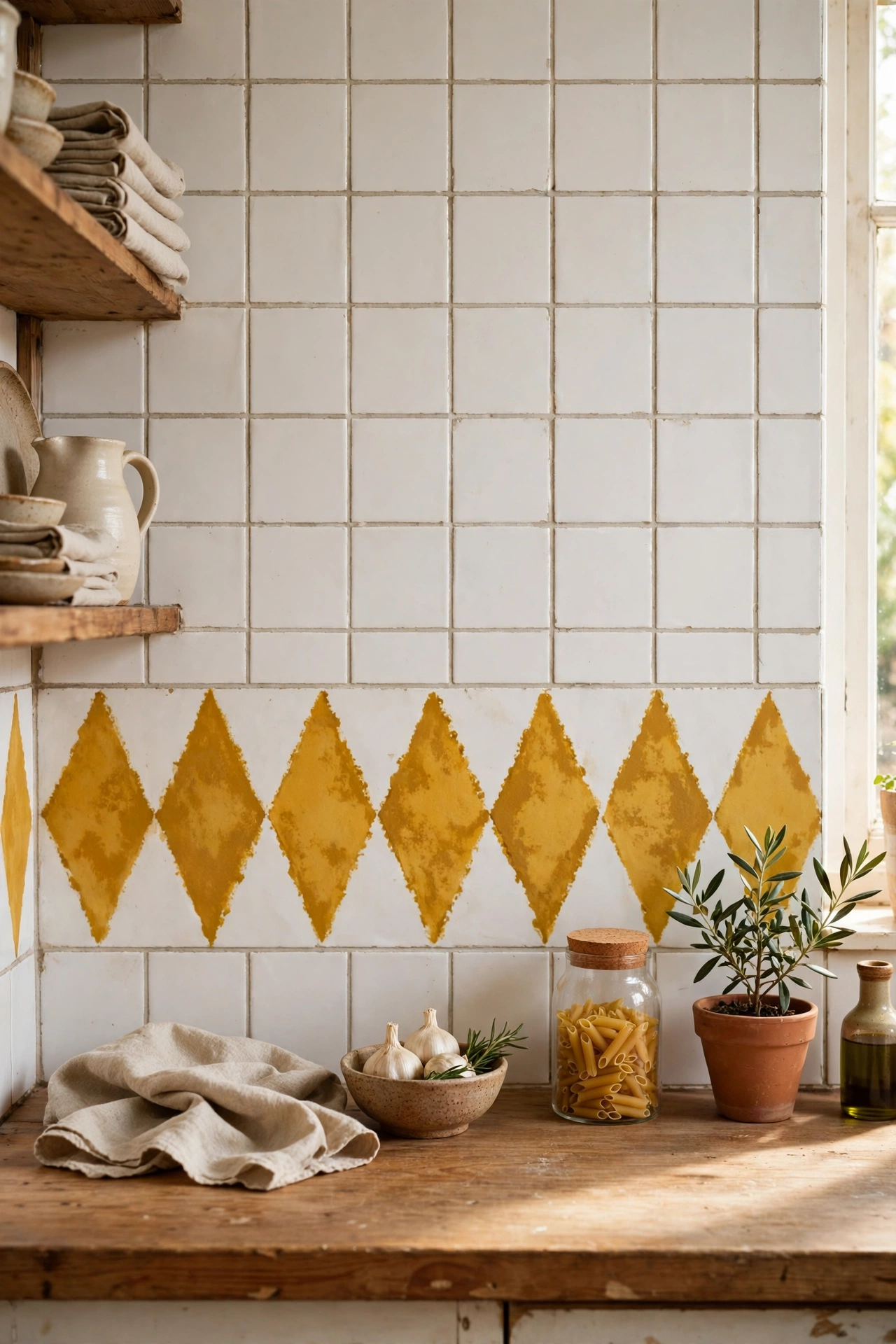 Hand-sponged mustard tile pattern on kitchen wall