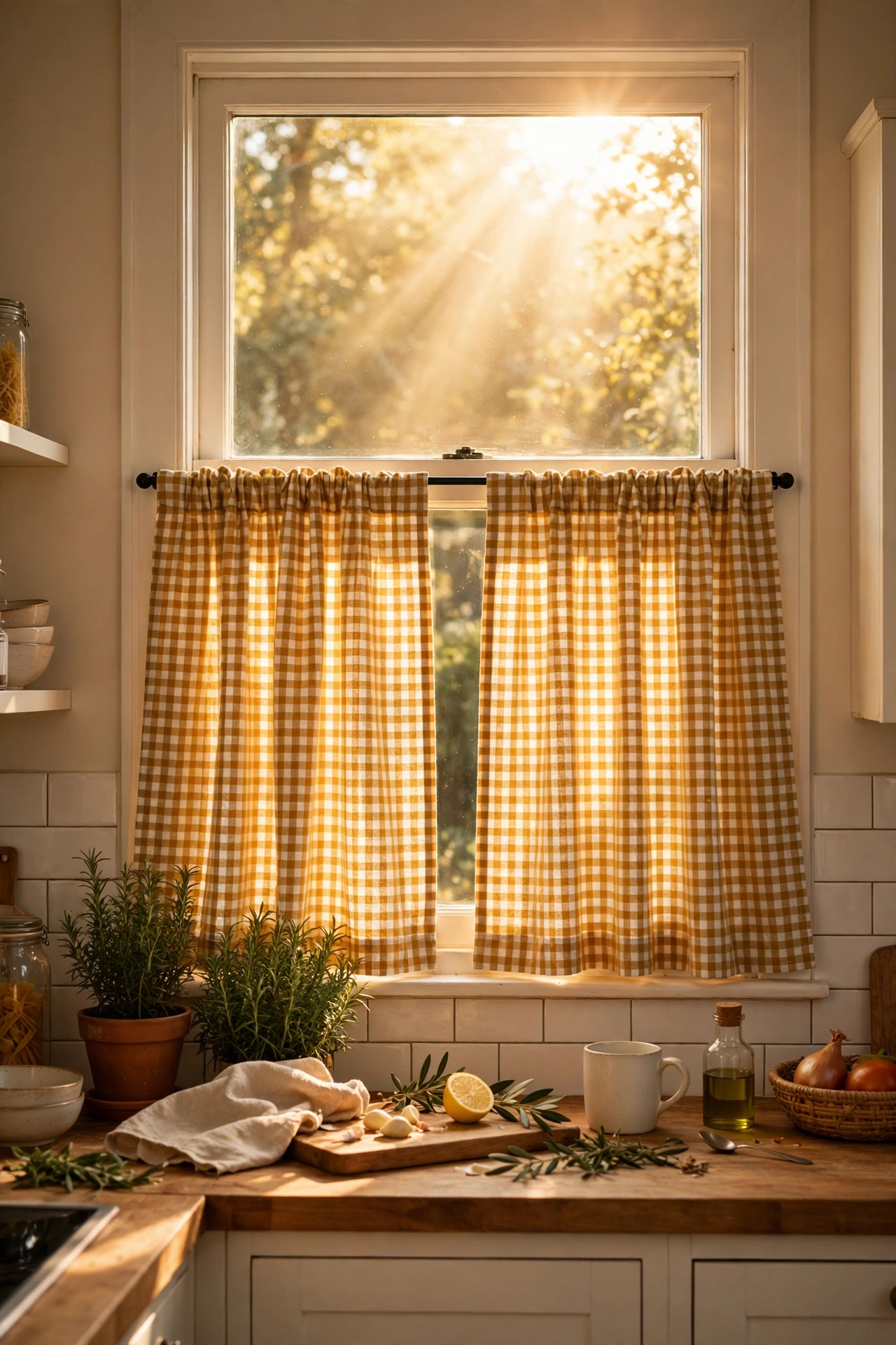 Mustard gingham cafe curtains glowing in kitchen window
