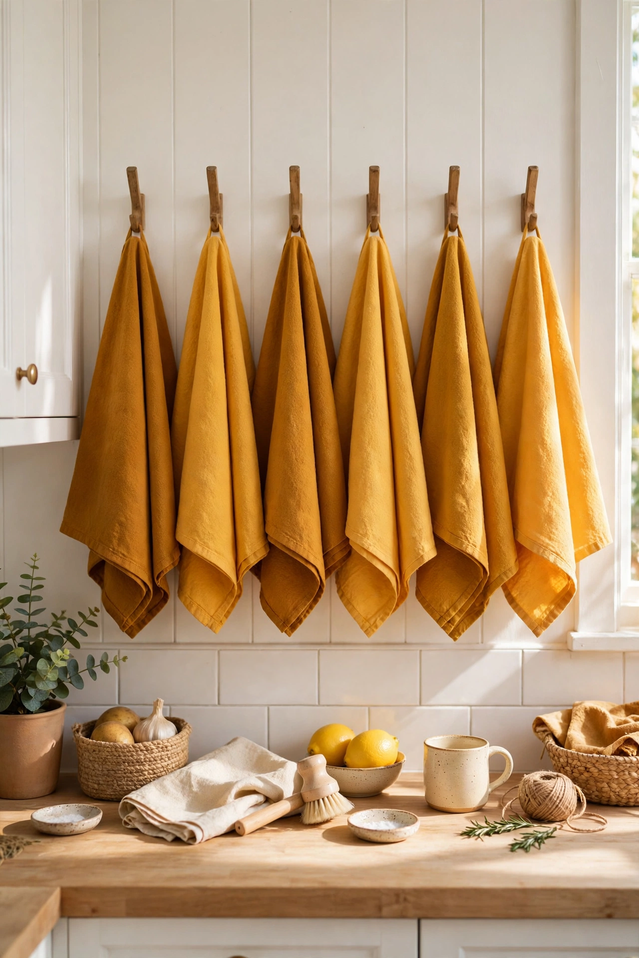 Rail of mustard and ochre tea towels in kitchen