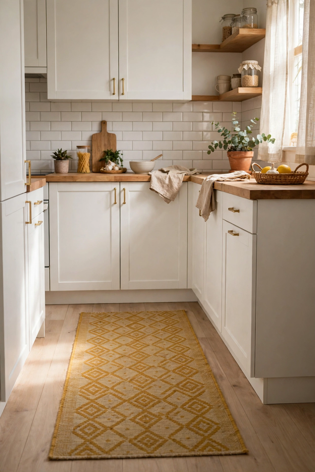 Mustard patterned flat-weave runner on kitchen floor