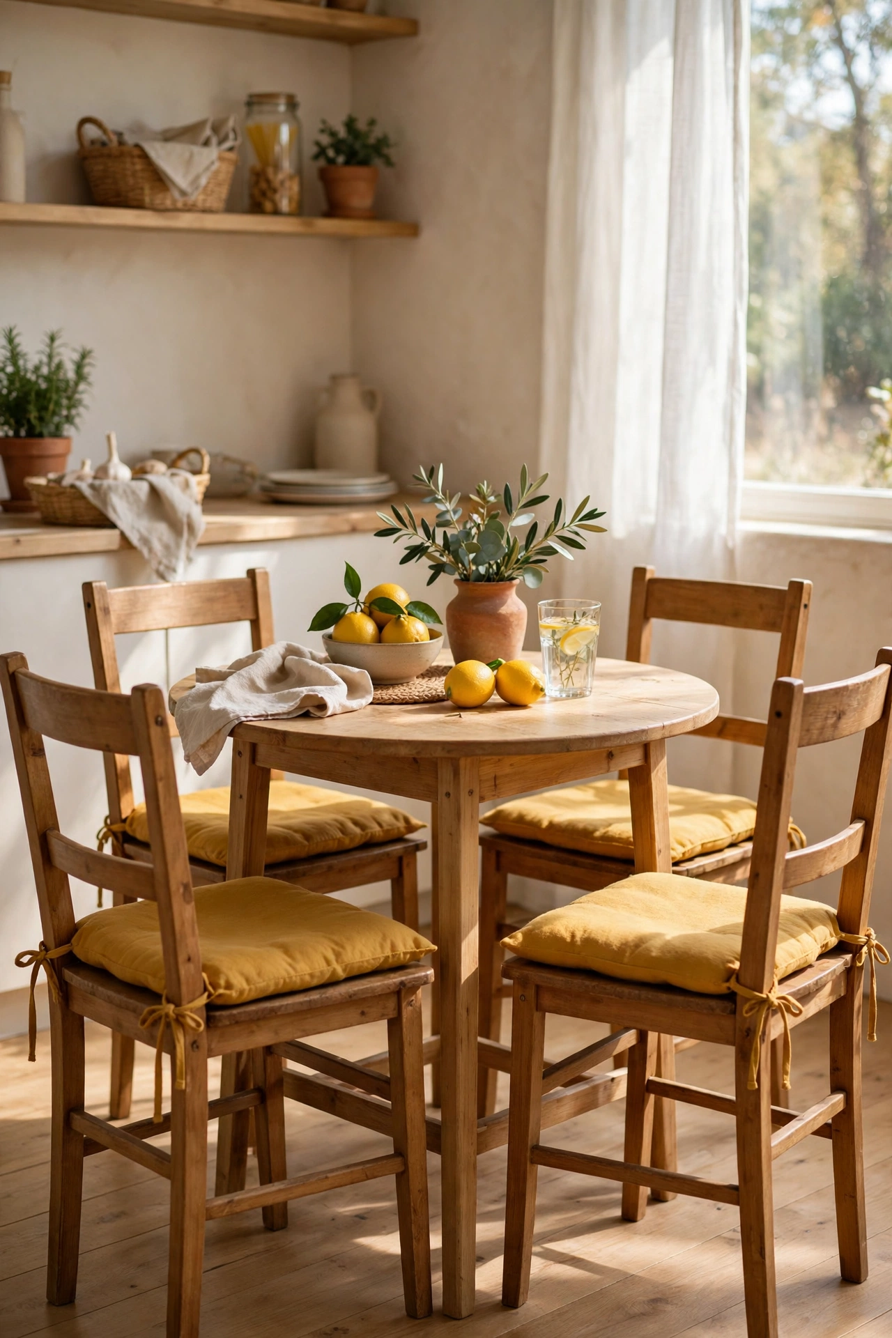 Wooden chairs with mustard tie-on seat cushions