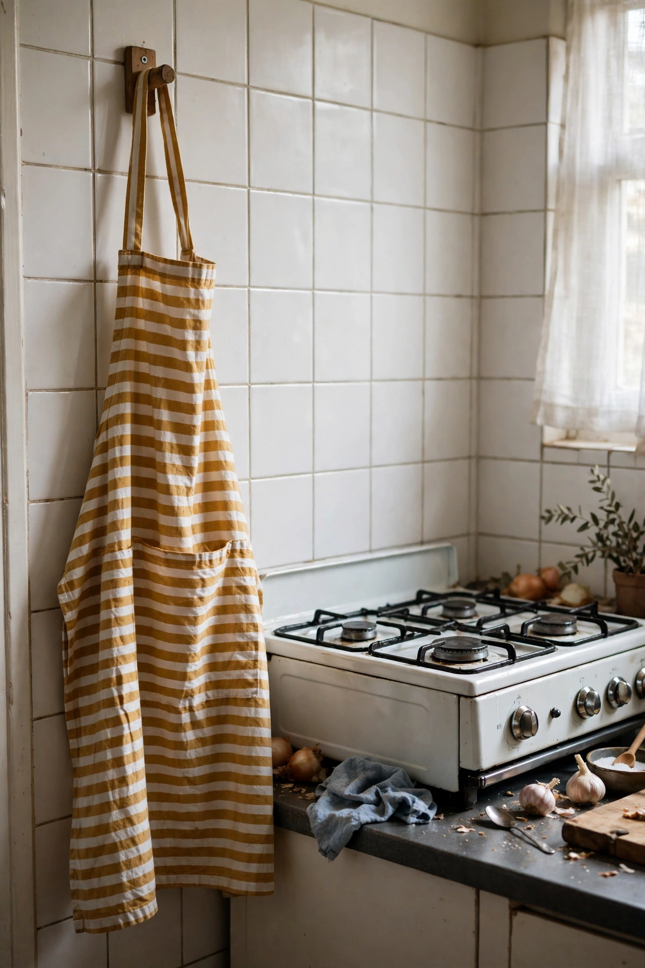 Striped mustard apron hanging on hook by cooker