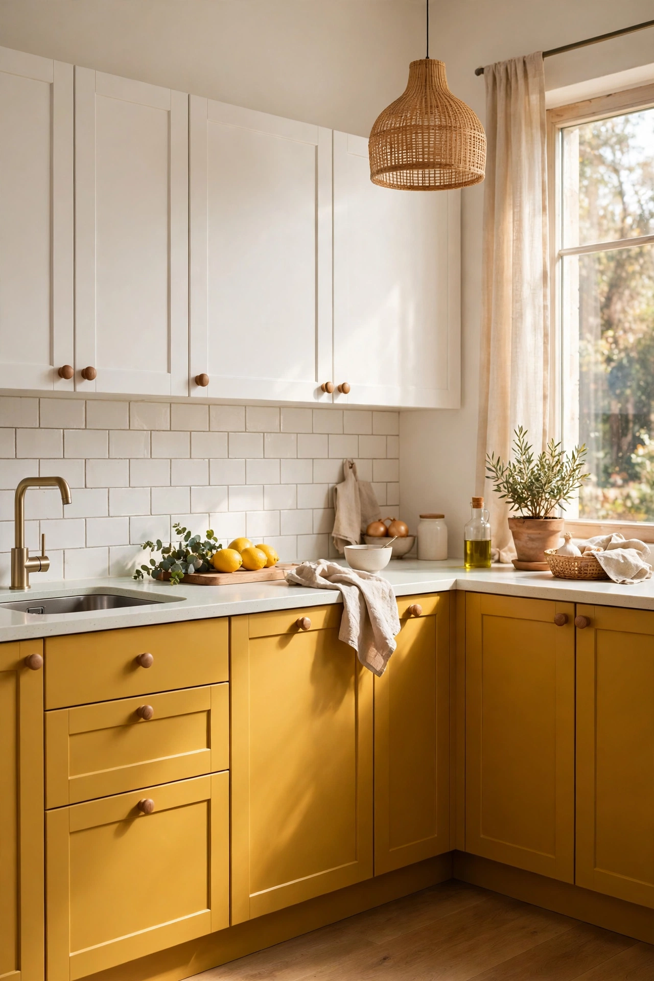 Mustard lower cabinets with white uppers in kitchen