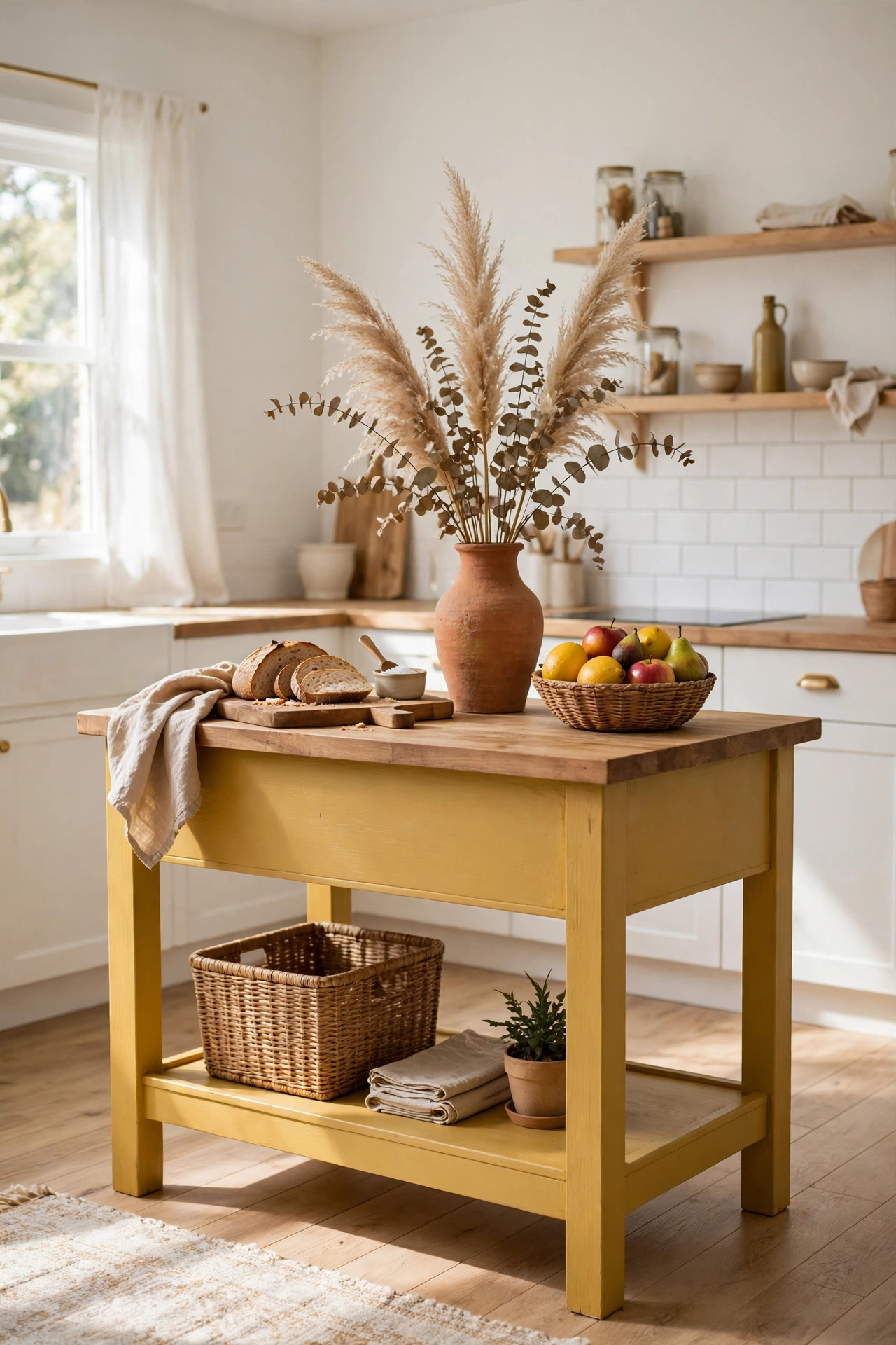 Freestanding kitchen island painted warm mustard yellow