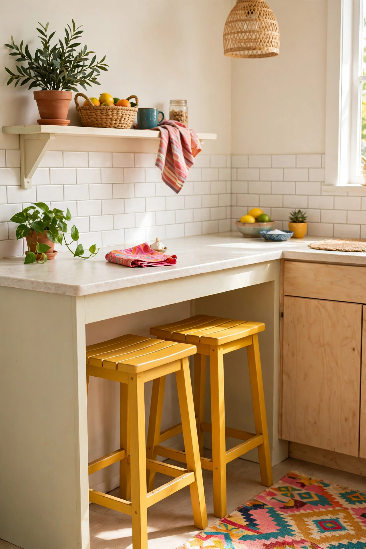 Bar stools painted mustard yellow at kitchen counter
