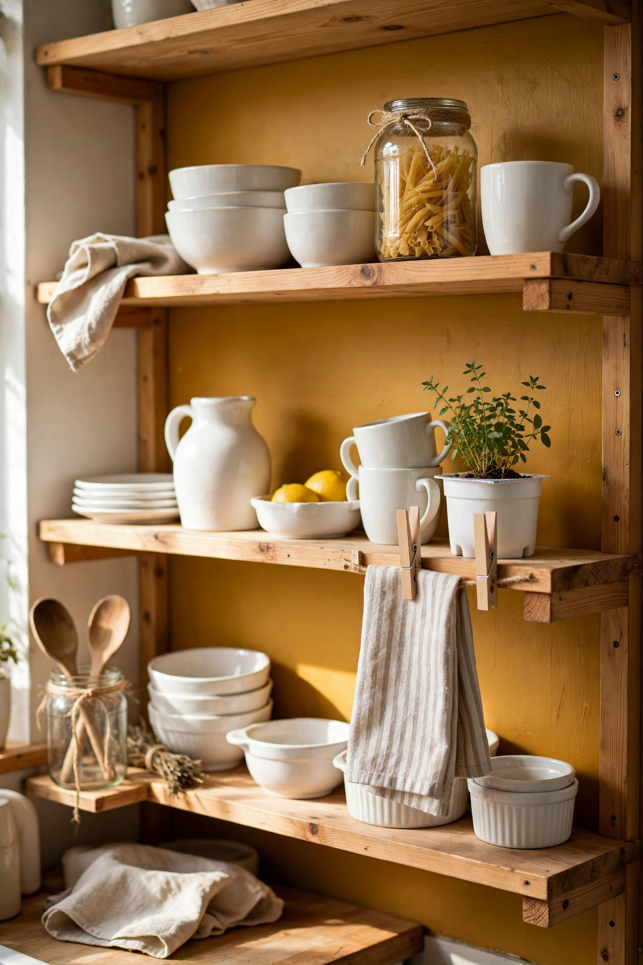 Open shelves with mustard boards behind white dishes
