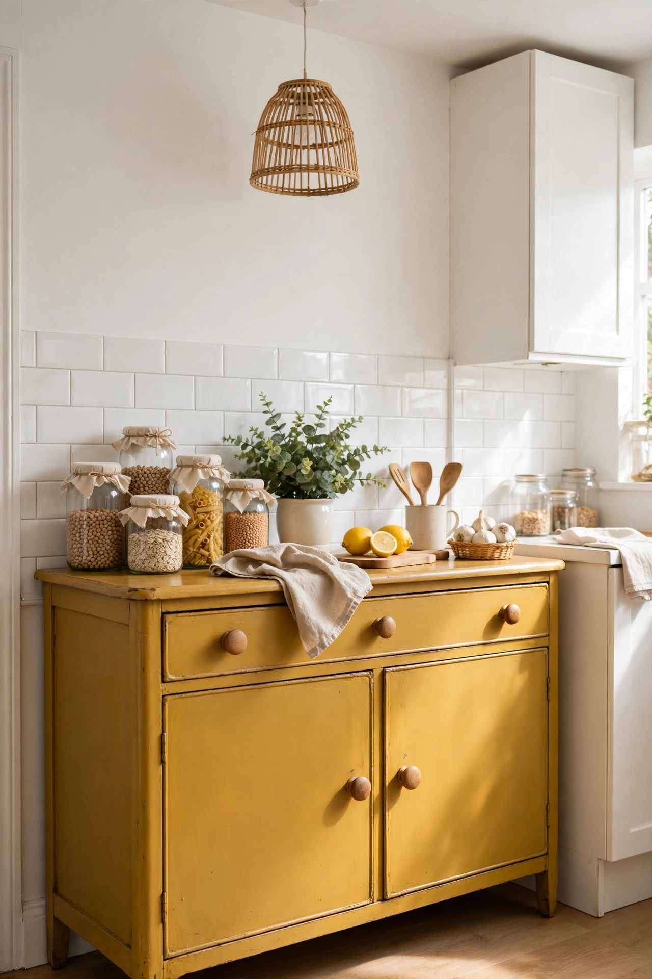 Vintage sideboard painted mustard in kitchen