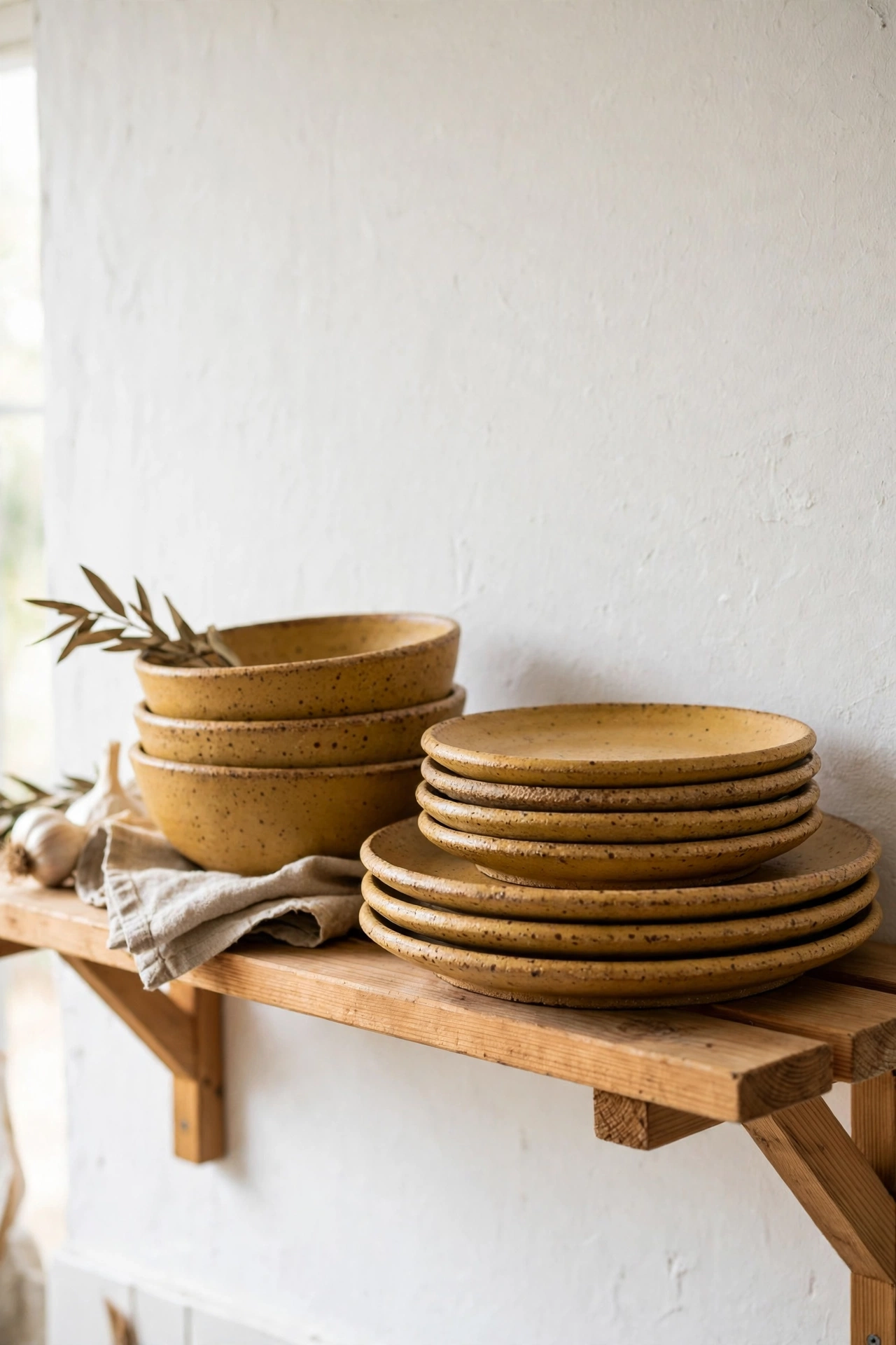 Mustard stoneware plates and bowls on open shelf