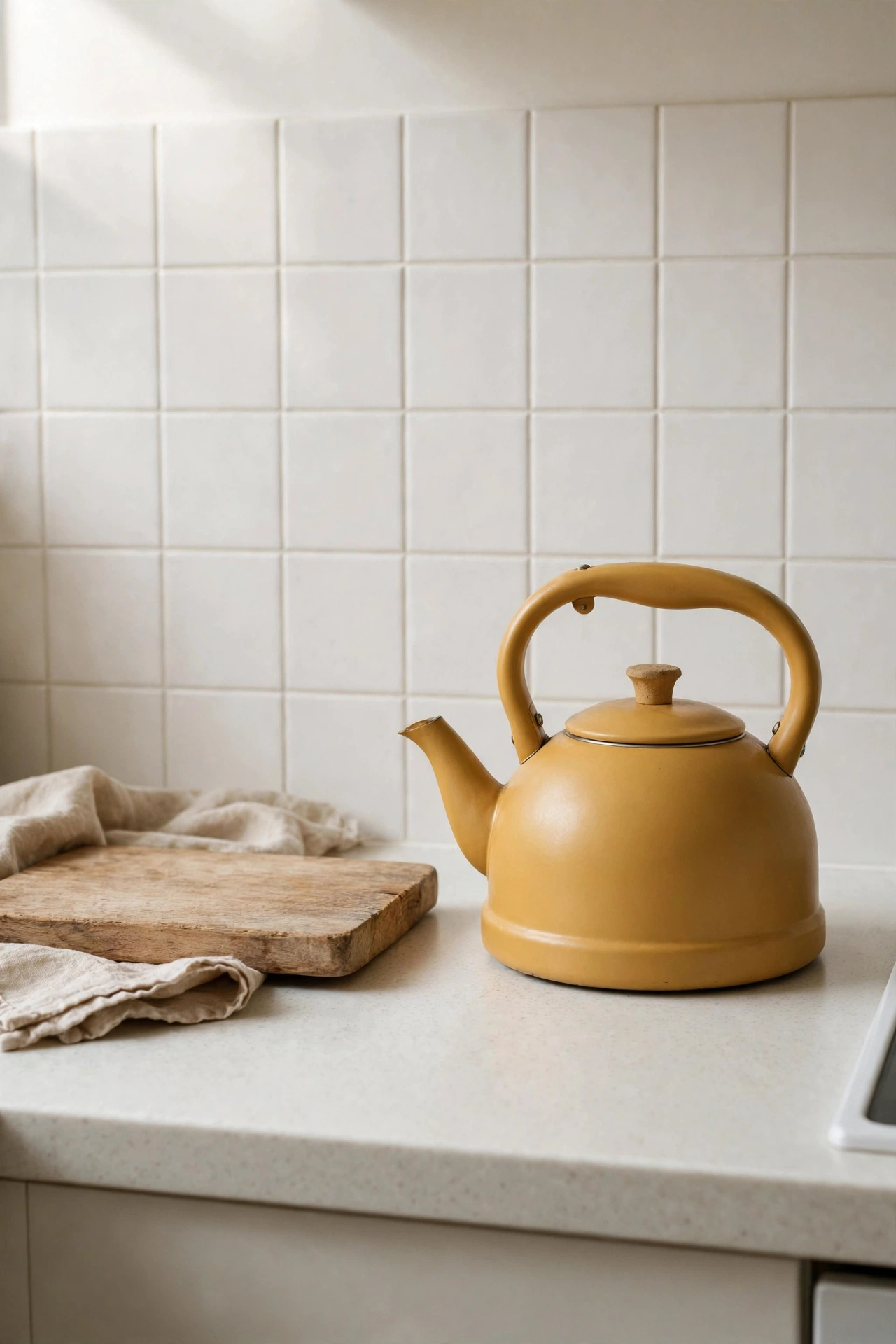 Mustard kettle as hero appliance on kitchen counter
