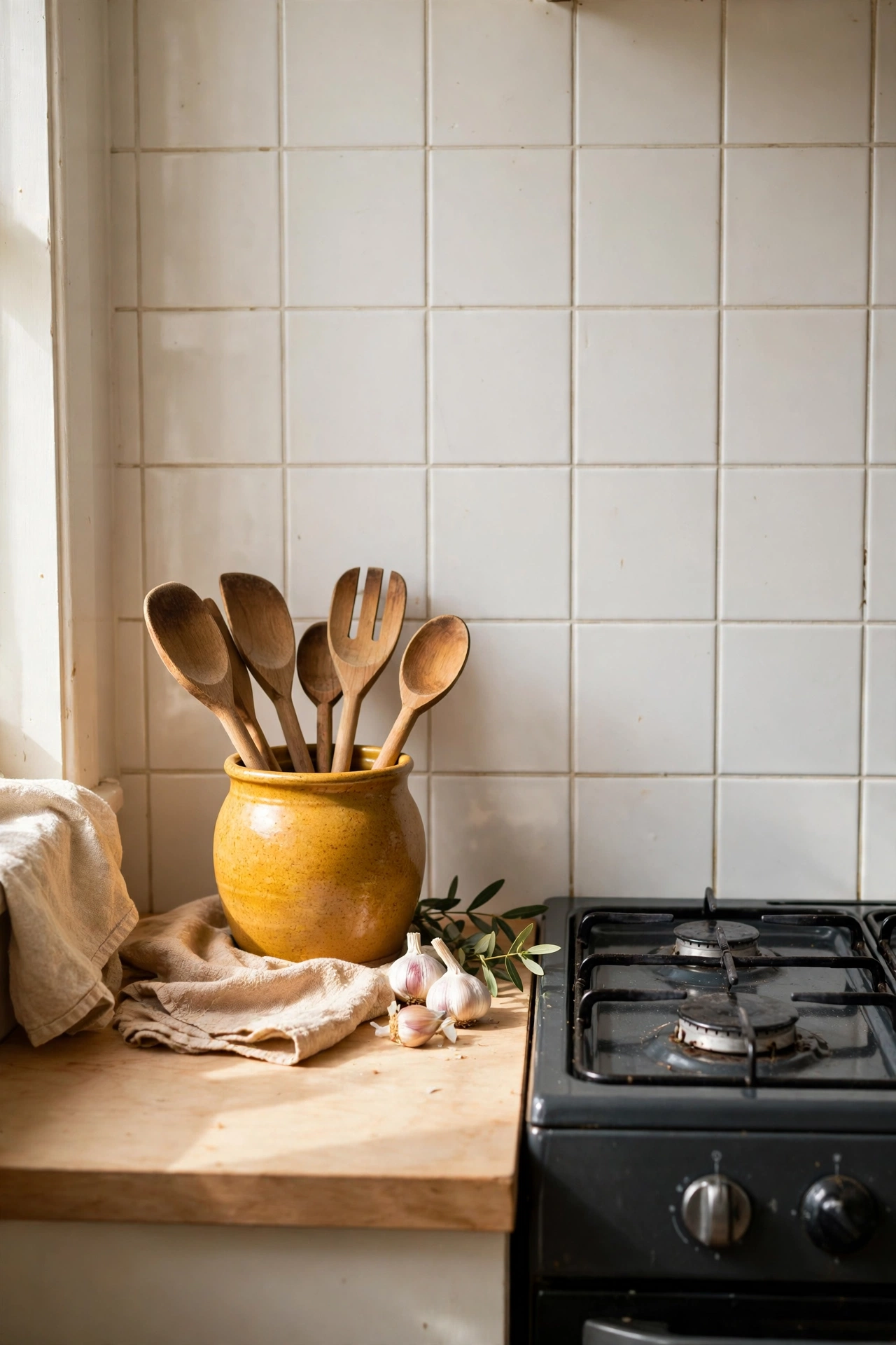 Mustard utensil pot with wooden spoons by hob