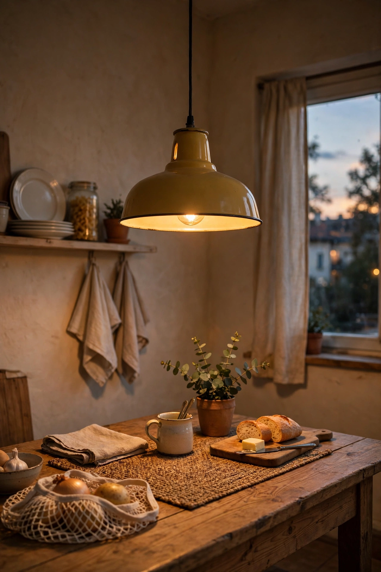 Mustard pendant shade glowing over kitchen table